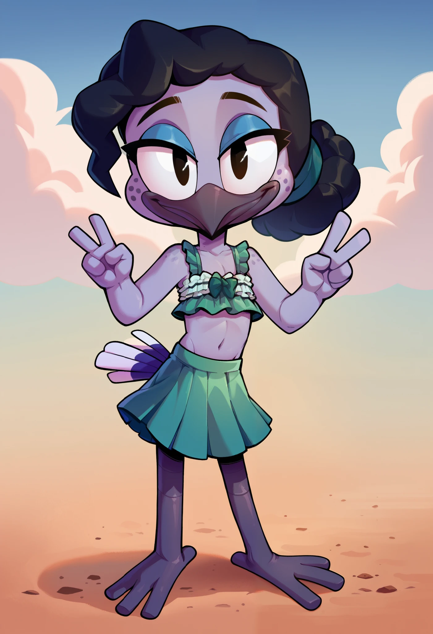 score_9, score_8_up, score_7_up, score_6_up, best quality, highres, source_furry,
1girl, female, solo, furry, outside, blue sky, cloud, female, avian, hummingbird, long beak, violet sabrewing, young, , purple skin, black hair, black eyes, curled hair, hair tie, short hair, happy, looking at viewer, smile, purple legs, freckles, blue eyeshadow, ((green frilly bikini top, green frilly swim short skirt)), full body , feets with two toes, peace sign with one hand,