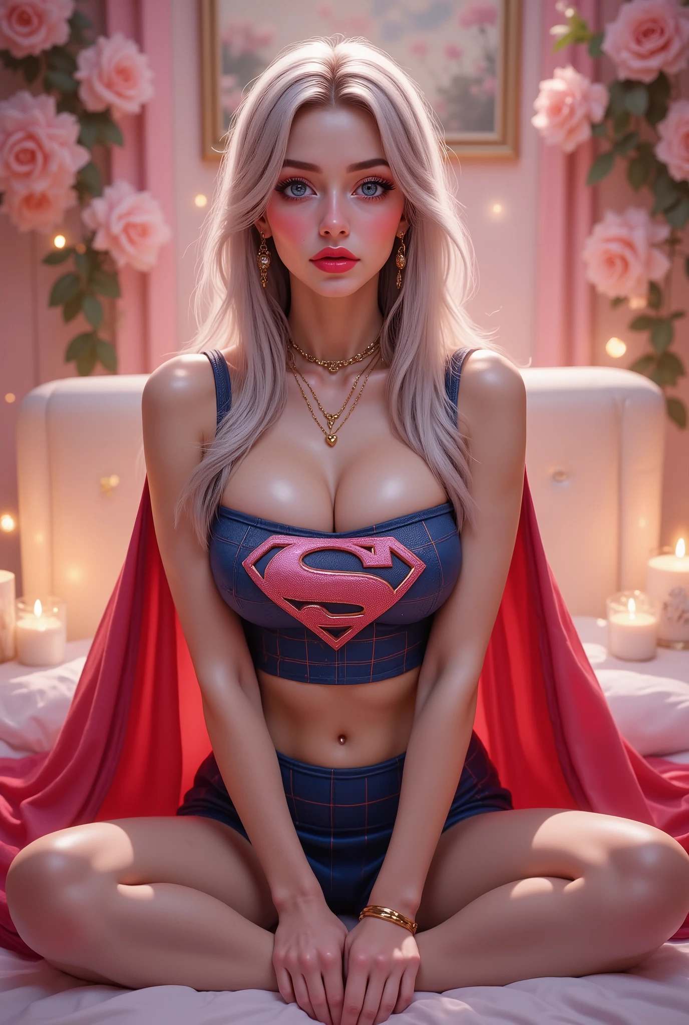 PROUDLY WEARING THE ICONIC PINK "S" EMBELEM AND A BLUE PLAID SUPERGIRL COSTUME, RED PLAID SKIRT AND RED CAPE. A SEXY 35 year old girl , pigtails, beautiful face, gorgeous, beautiful, beautiful, beautiful face, pale skin, parts, SILVER hair, ANIMEVBlue eyes, full and shiny BLACK lipstick, big lips, thick lips, half-open lips , BLACK lipstick, skinny thighs, petite body, , skinny, FULL chest, skinny, body(body heigth:140cm), Big Head, innocent look, Young face, l, sweaty, Sitting in a bedroom with candles and a soft warm light. The colors of the room are pink and white , perfect eyes , very detailed BLUE eyes, beautiful and expressive, detailed eyes , 35mm photography, Movie, bokeh, professional, 4k, Highly detailed dynamic lighting, photorealistic, 8K, raw, rico, intricate details