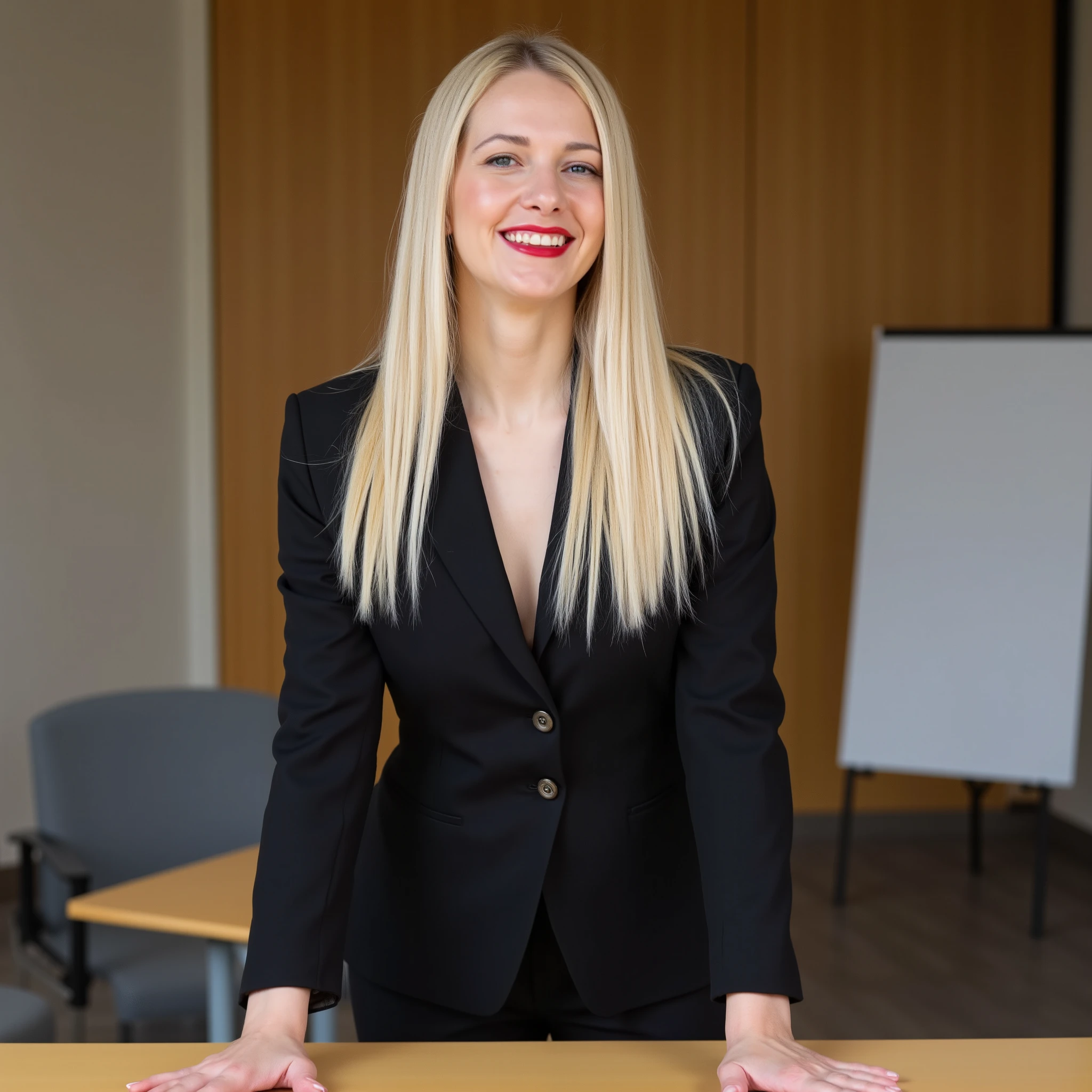 full shot, wide angle, attractive female professor with long blond hair and red lipstick, wearing v-nick suit, standing behind a table, and put her hands on the table leaning towards the camera. She has fair skin and blond hair. The woman is posed in a confident manner. The background features a professional lecture hall.