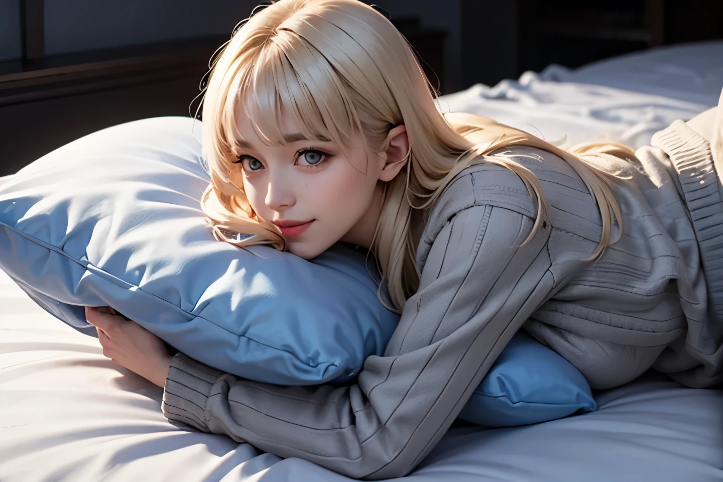 top quality, hd ,4k , high contrast , semi-realistic, 1lady, solo, smile, casual, long hair,long light platinum blonde hair, bangs, blue coat, gray naked sweater, moonlight, unique, Lying down, side view, hugging pillow