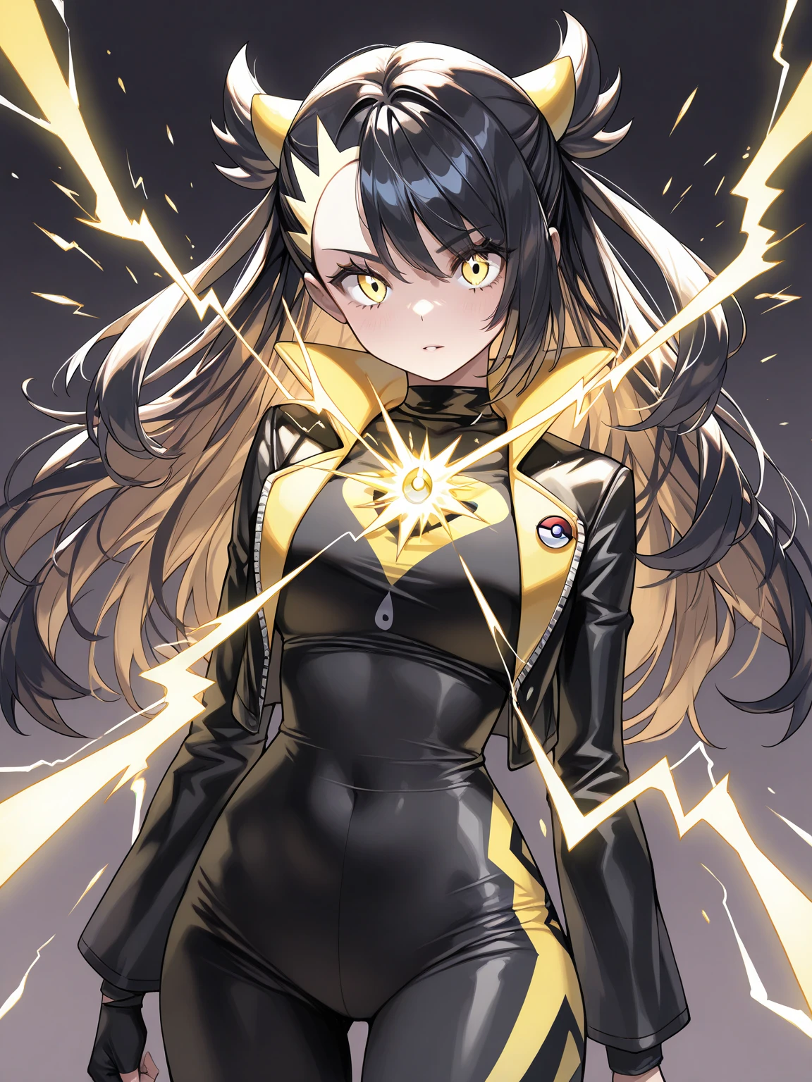 Wide angle shot, full body image, beautiful female fighter, wearing large glasses, black undercut hair, wearing large iron gloves, black and yellow Turtleneck outfit