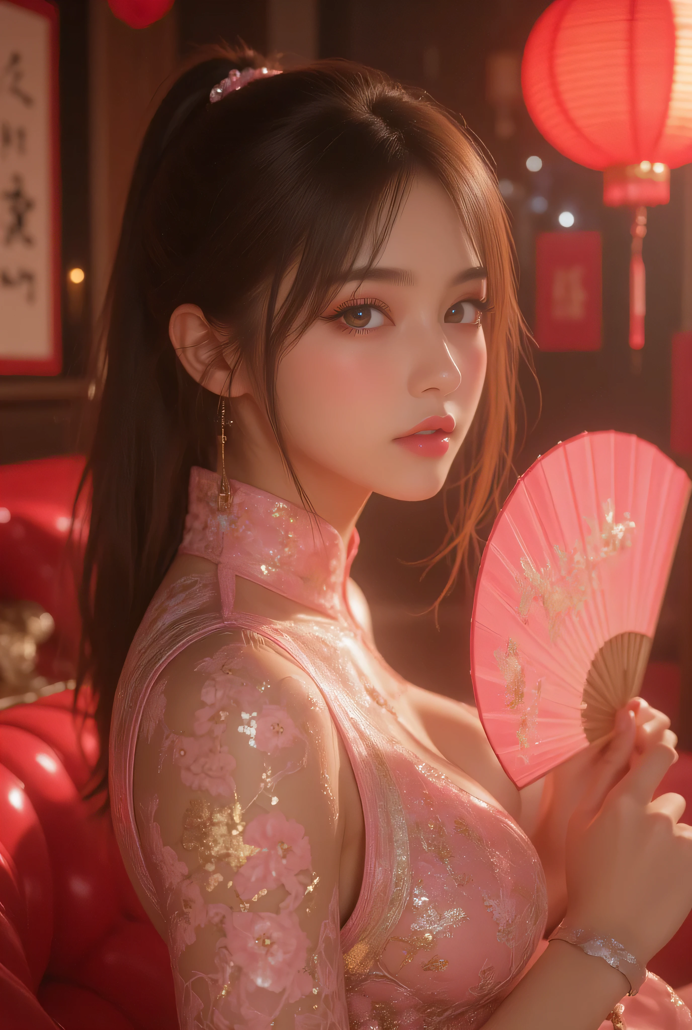 Cat ears、 face up, attractive, pretty girl, ponytail、 (( fine facial features , eroticism)), dramatic lighting , realistic , 8k, Dramatic Shadows , intricate and elaborate patterns , super detailed photo , chiaroscuro lighting , Pleasant colors , deep contrast , super real 、 pink lipstick、 warm room、Vintage Fireplace 、 cinematic composition、Close-up of face, pretty half part transparent open shoulder loose outfits dress, tang style, A beautiful Korean idol wearing a one piece red- black tightly cheongsam with phoenix and intricate floral golden embroidery, golden and silver outline on dress, hand hold pink feathers transparent Chinese fan with golden ink painting of bird and tree , standing gracefully in a room filled with traditional Chinese New Year decorations. The room features vibrant red lanterns, decorative calligraphy scrolls, a small Chinese orange tree with golden ornaments, and several red envelopes scattered across the floor and hanging from the tree. Adorable, playful cats are part of the scene—some sitting near the tree, others curiously pawing at the red envelopes or lounging around. Through a window or an open door in the background, vibrant Chinese fireworks light up the night sky in an array of reds, golds, and blues, casting a magical glow into the room. The idol’s outfit is paired with subtle accessories like red hairpins or earrings, complementing the festive look. The atmosphere is warm and lively, filled with the joyful essence of the celebration, enhanced by the shimmering lights of the fireworks and the lively decor.
