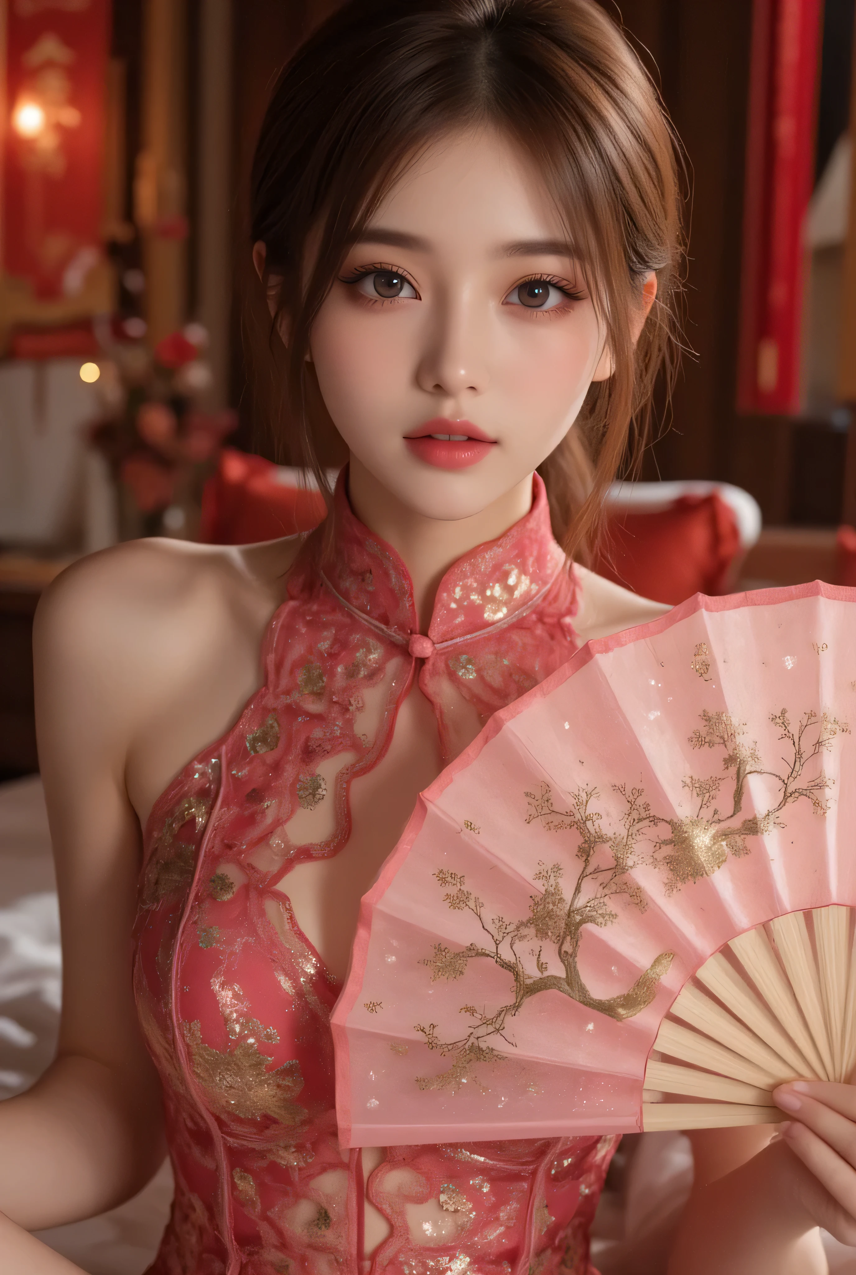 Cat ears、 face up, attractive, pretty girl, ponytail、 (( fine facial features , eroticism)), dramatic lighting , realistic , 8k, Dramatic Shadows , intricate and elaborate patterns , super detailed photo , chiaroscuro lighting , Pleasant colors , deep contrast , super real 、 pink lipstick、 warm room、Vintage Fireplace 、 cinematic composition、Close-up of face, pretty half part transparent open shoulder loose outfits dress, tang style, A beautiful Korean idol wearing a one piece red- black tightly cheongsam with phoenix and intricate floral golden embroidery, golden and silver outline on dress, hand hold pink feathers transparent Chinese fan with golden ink painting of bird and tree , standing gracefully in a room filled with traditional Chinese New Year decorations. The room features vibrant red lanterns, decorative calligraphy scrolls, a small Chinese orange tree with golden ornaments, and several red envelopes scattered across the floor and hanging from the tree. Adorable, playful cats are part of the scene—some sitting near the tree, others curiously pawing at the red envelopes or lounging around. Through a window or an open door in the background, vibrant Chinese fireworks light up the night sky in an array of reds, golds, and blues, casting a magical glow into the room. The idol’s outfit is paired with subtle accessories like red hairpins or earrings, complementing the festive look. The atmosphere is warm and lively, filled with the joyful essence of the celebration, enhanced by the shimmering lights of the fireworks and the lively decor.