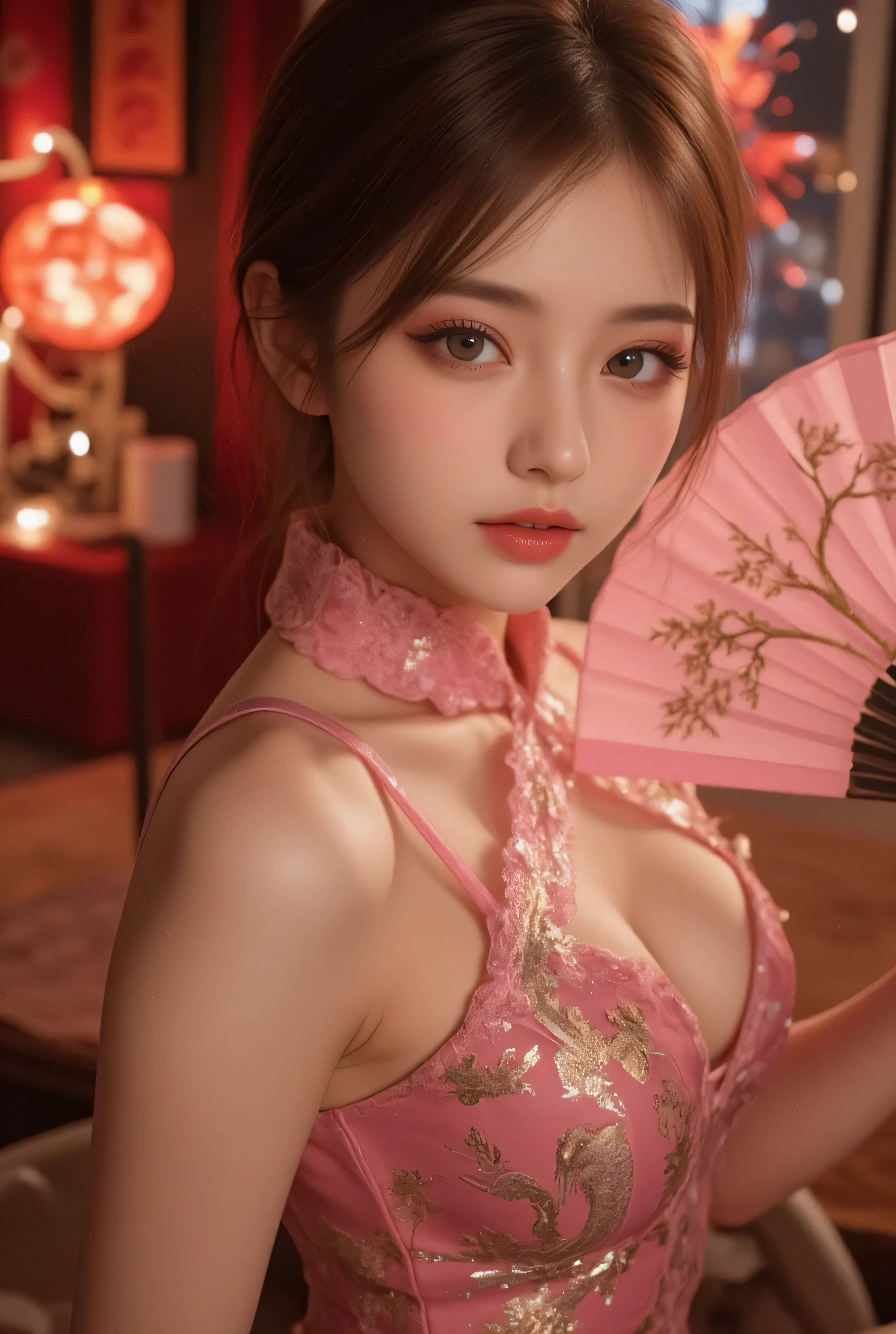 Cat ears、 face up, attractive, pretty girl, ponytail、 (( fine facial features , eroticism)), dramatic lighting , realistic , 8k, Dramatic Shadows , intricate and elaborate patterns , super detailed photo , chiaroscuro lighting , Pleasant colors , deep contrast , super real 、 pink lipstick、 warm room、Vintage Fireplace 、 cinematic composition、Close-up of face, pretty half part transparent open shoulder loose outfits dress, tang style, A beautiful Korean idol wearing a one piece red- black tightly cheongsam with phoenix and intricate floral golden embroidery, golden and silver outline on dress, hand hold pink feathers transparent Chinese fan with golden ink painting of bird and tree , standing gracefully in a room filled with traditional Chinese New Year decorations. The room features vibrant red lanterns, decorative calligraphy scrolls, a small Chinese orange tree with golden ornaments, and several red envelopes scattered across the floor and hanging from the tree. Adorable, playful cats are part of the scene—some sitting near the tree, others curiously pawing at the red envelopes or lounging around. Through a window or an open door in the background, vibrant Chinese fireworks light up the night sky in an array of reds, golds, and blues, casting a magical glow into the room. The idol’s outfit is paired with subtle accessories like red hairpins or earrings, complementing the festive look. The atmosphere is warm and lively, filled with the joyful essence of the celebration, enhanced by the shimmering lights of the fireworks and the lively decor.