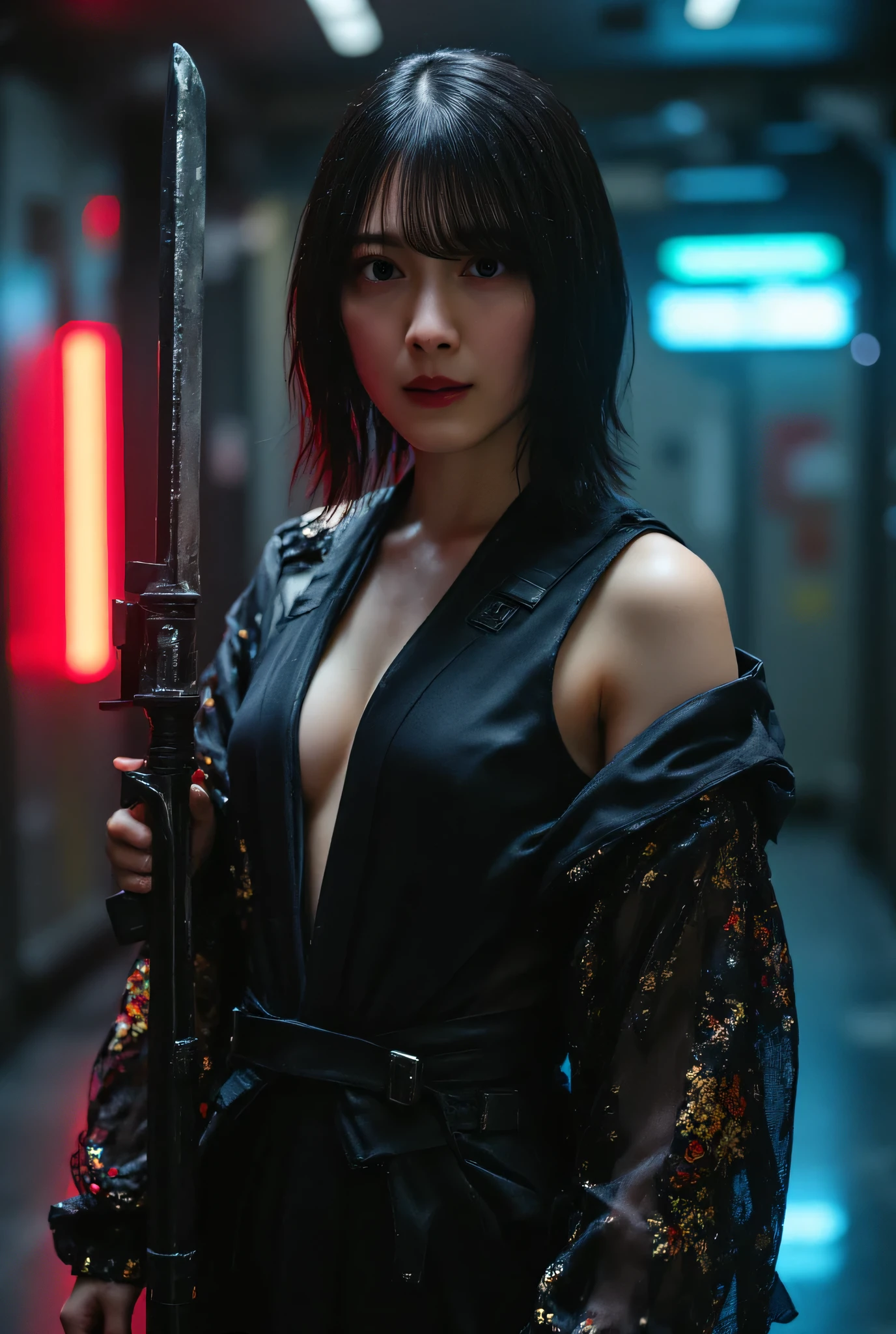 (((The dark interior of the Nostromo ship :2.0))),((( HR Gigger Style Cyberpunk Atmosphere :2.0))),(((Hold a cyberpunk-style Japanese sword:2.0))), Standing,((whole body:2.0)), one woman,( cute face),(Beautiful well-balanced face ),(( natural big breasted :2.0)),( black hair:1.5),( beautiful eyes:1.3), glamorous shot of a 20-year-old Japanese woman , Slender Beautiful Body ,(( model body type:2.0)),(( slim body with hot water:1.7)), perfect body line , Ideal Proportions ,(( big breasts:2.0)),((F cup breasts:1.5)),Big Breasts,Bare thighs, sensual thighs, delicate body,( Muscular:1.7),A harmonious posture,((Realistic breast depiction :1.7)), carefully depicting limbs based on perfect anatomy,((Wear a samurai kimono-style military coat with an open front over a black super high-leg leotard :1.5)),(( is a super high-leg leotard made of camy-style latex that fits the body:1.5)),(( leotard that holds a Japanese sword style lightsaber:1.5)),(ear monitor:1.5),((Tactical Holster:1.5)),( gloves:1.3), Concept Art,( top quality:1.5),( Masterpiece:1.5),(Super high resolution),resolution,UHD,( delicate depiction), carefully drawn with butterfly wings ,32K,(( realistic skin texture:1.5)),((( super realistic:1.5))), eyelashes, very detailed face,Highly detailed female hand,Sexy appearance,Very sensual,(Blurry Dim Backgrounds :1.5), Professional Photoshoot,( Movie Lighting:2.0),(( Blade Runner Style Lights :2.0))