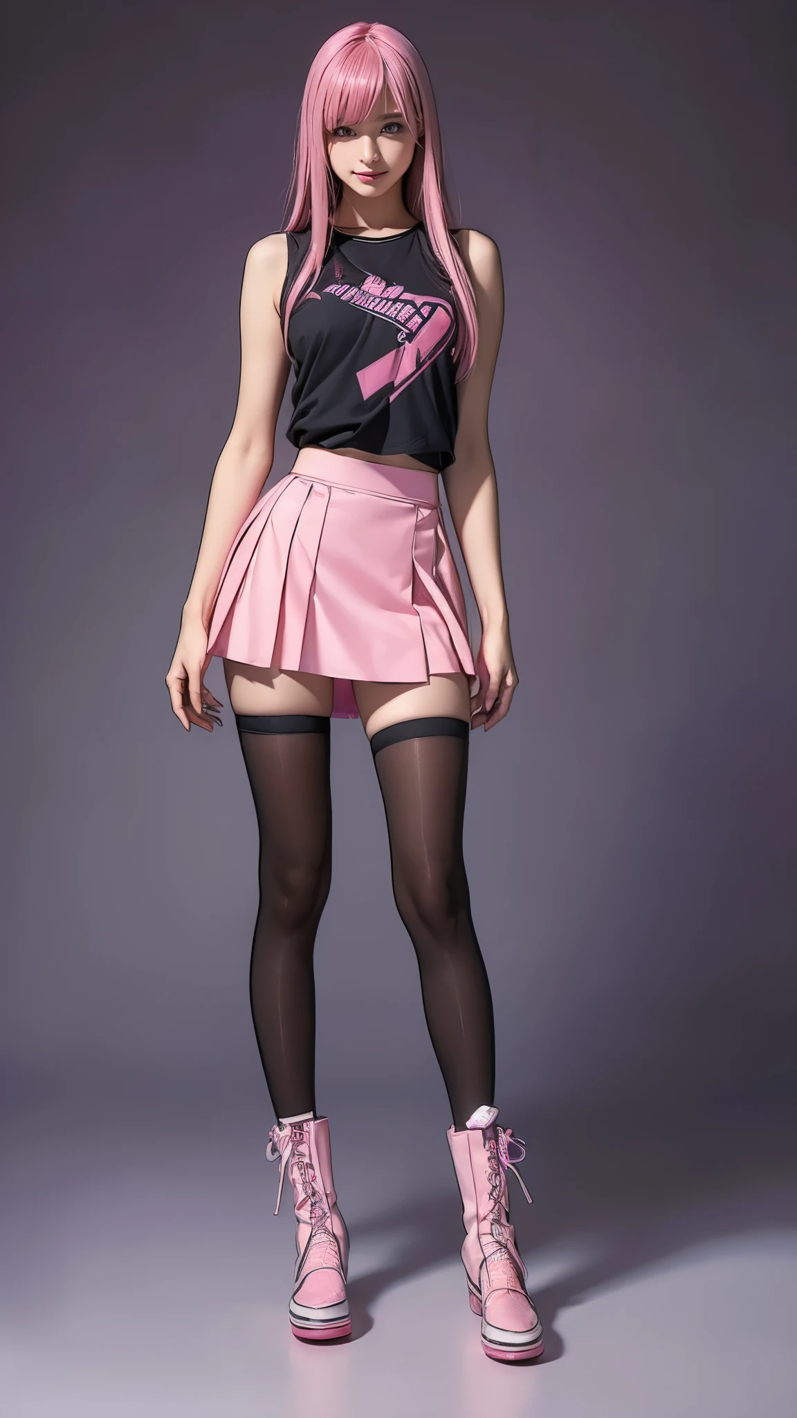 ( Masterpiece:1.2, top quality), ( exists, photo exists:1.4, full body view), ( Tiny Breasts :1.6, full body view), droopy eyes :1.5, very thin :1.5, Extremely thin thighs:1.5, depth of the drawn border, girl:1.5, perfect face, cute face, ( long hair:1.4, pink hair with crotch), ((elastic fabric, Fabric that adheres to the body , miniskirt, punk girl)), ( live house), (smile), ((Fender Telecasterを手に持ってください))