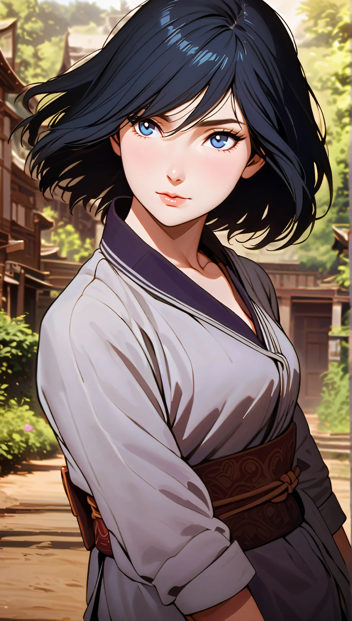 vintage movie, girl, short hair, navy hair, straight hair, woman body, classic clothes, dutch angle, hyuga clan, shinobi village, konohagakure, ((closed mouth)), smilling, ((perfect eyes)), ((solo)), ((perfect lips))