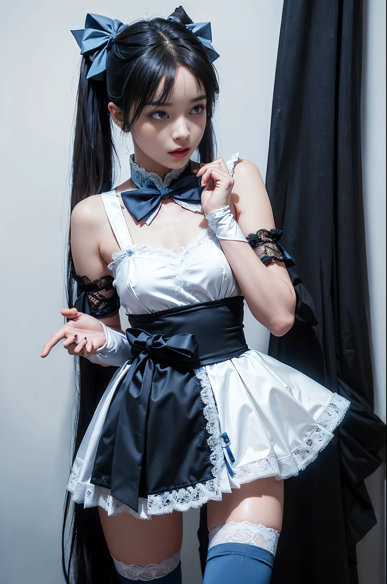 (8K, Raw photo, Best Quality, masutepiece:1.2), high-definition RAW color photography, professional photograpy, (Realistic, photographrealistic:1.37), ((Best Quality)), various attractive posing, full body shot;1.2. 1young girl, asymmetrical legwear, (black bow:1.2), black ribbon, (blue hair:1.5), bow, breasts, gloves,(hair bow:1.3), (very long hair:1.2), simple background, standing, striped bow, thighhighs, white background, white gloves, (lace legwear:1.2), Delicate hands, detailed fingers, five fingers, (one hand pinching the waist:1.3), (twintails:1.3), realhands, nsfw
