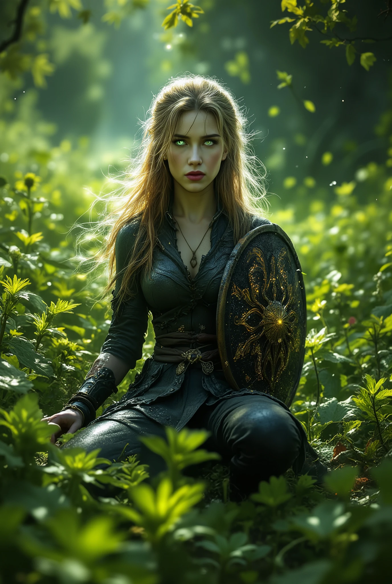  A beautiful beautiful girl with blond hair and sparkling eyes ,  sweet and beautiful face ,  very sexy,  leather clothes with light armor ,  in her hand a beautiful shield with sparkling patterns stands on her knee with one shield in the ground,  above your head beautiful angelic halo sparkles ,  background very beautiful tree leaves circle on a beautiful field ,  Masterpiece , 8 k,  better quality,  complicated details,  maximum number of details ,  complex textures , Точность,  high quality shank, fantasy style, Fantasy, beautiful drawing , 