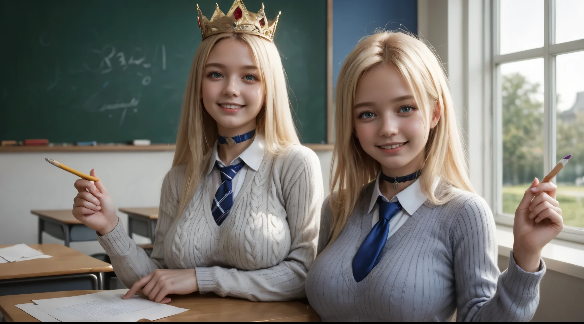 (best_quality, masterpiece:1.2), (highly detailed), (uhd, high_resolution, highres), girls, sleeveless knit gray sweater, (blue tie under sweater), BREAK, long sleeves navy collared shirt, huge breasts, intricate crown, short beige-blonde hair, looking at viewer, smile, long sidelocks, choker, high, chalk board, classroom, paper art on wall, beautiful, windows,