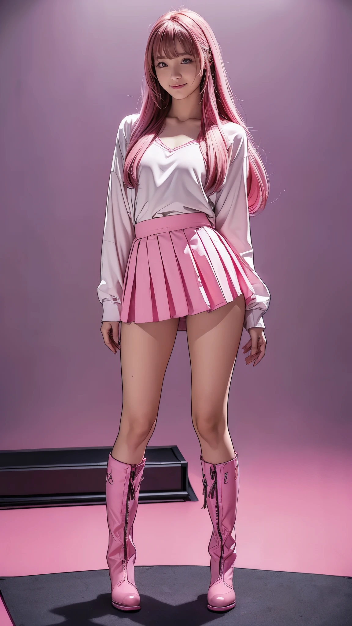 ( Masterpiece:1.2, top quality), ( exists, photo exists:1.4, full body view), ( Tiny Breasts :1.6, full body view), droopy eyes :1.5, very thin :1.5, Extremely thin thighs:1.5, depth of the drawn border, girl:1.5, perfect face, cute face, ( long hair, pink hair with crotch), ((elastic fabric, Fabric that adheres to the body , miniskirt, boots)), ( music studio, live house), (smile), ((Fender Telecasterを手に持ってください))