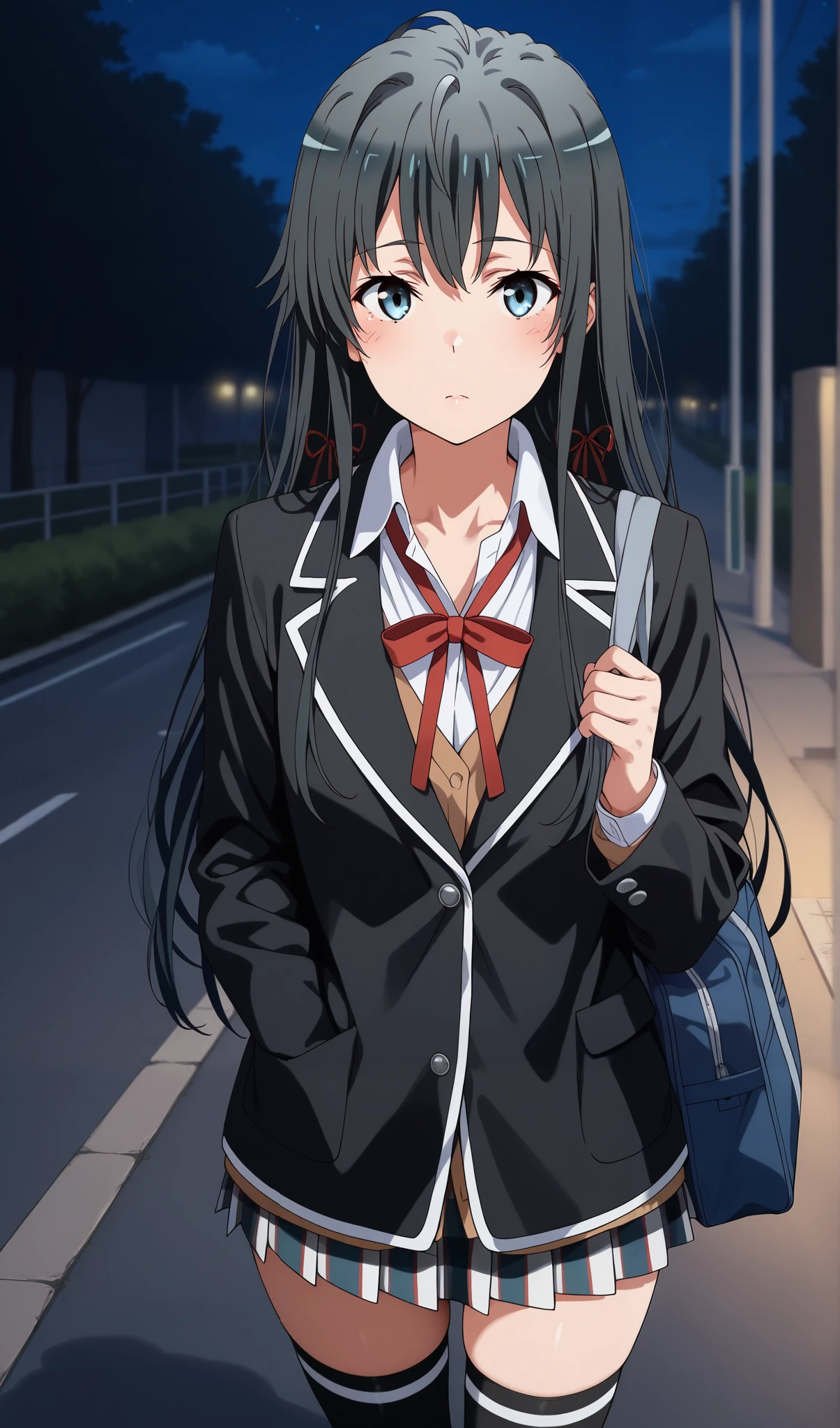 masterpiece,best quality,amazing quality, yukinoshita yukino, long hair, black hair, blue eyes, 1girl, sobu high school uniform, bag, night, jacket, looking at viewer, outdoors, solo, road, black jacket, street, shirt , thighhighs