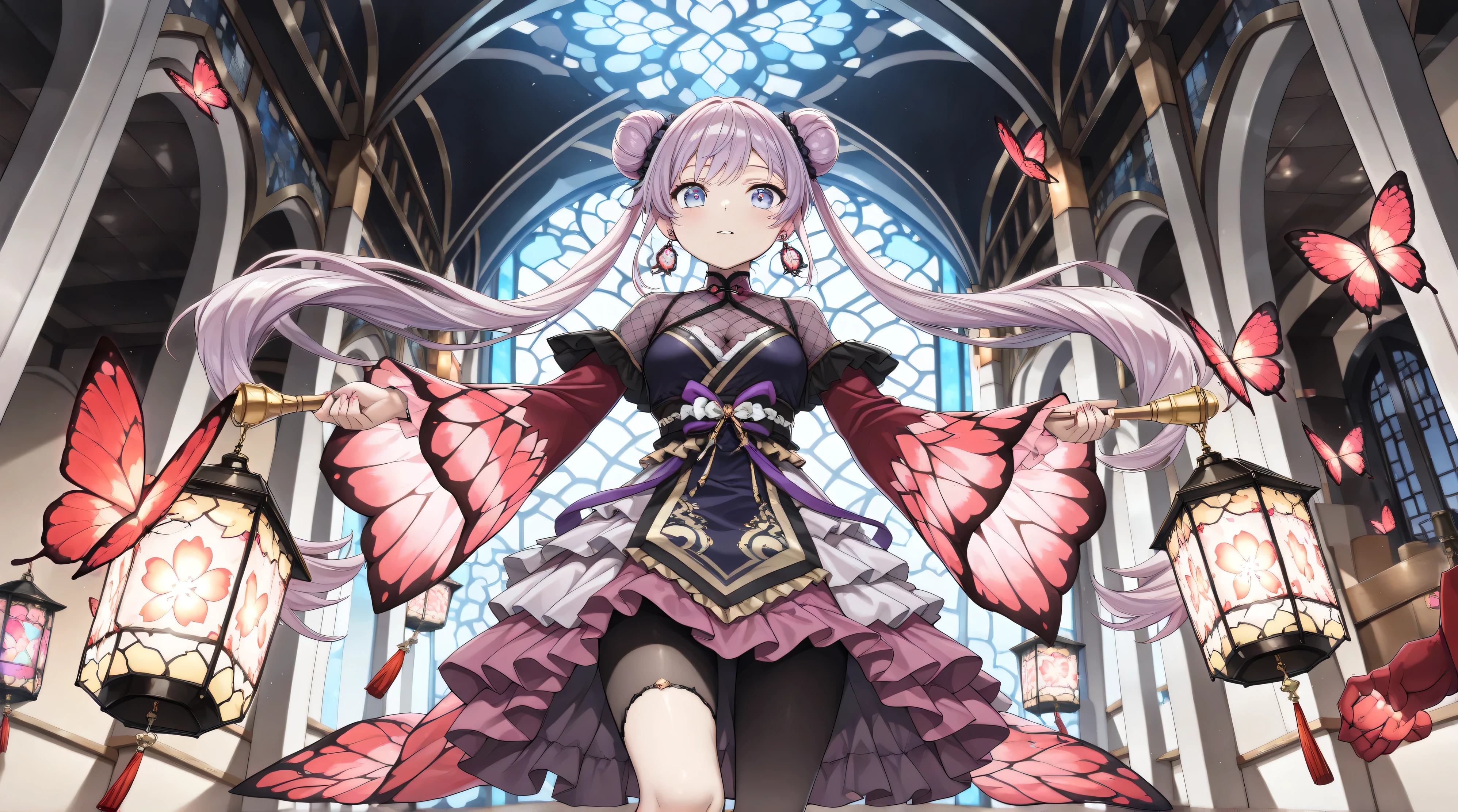 ((masterpiece, best quality, extremely detailed, absurdres, very aesthetic, amazing quality)), panorama, (1girl, solo, beautiful Bun-style twin tails, White and purple mesh hair, Like tiger stripes) BREAK Lantern earrings, the earrings are luminous, Women's traditional clothing, holding a lantern in his hand, BREAK Beautiful and colorful lanterns\Shine brightly\Detailed decoration BREAK
(Floating in the Dark, Beautiful nighttime expression, contrast between light and dark, The red butterfly is faintly glowing, glowing effect, Beautiful gradational scarlet butterflies fluttering around, A very dark but beautiful blue night corridor, absurdly fantastical)
