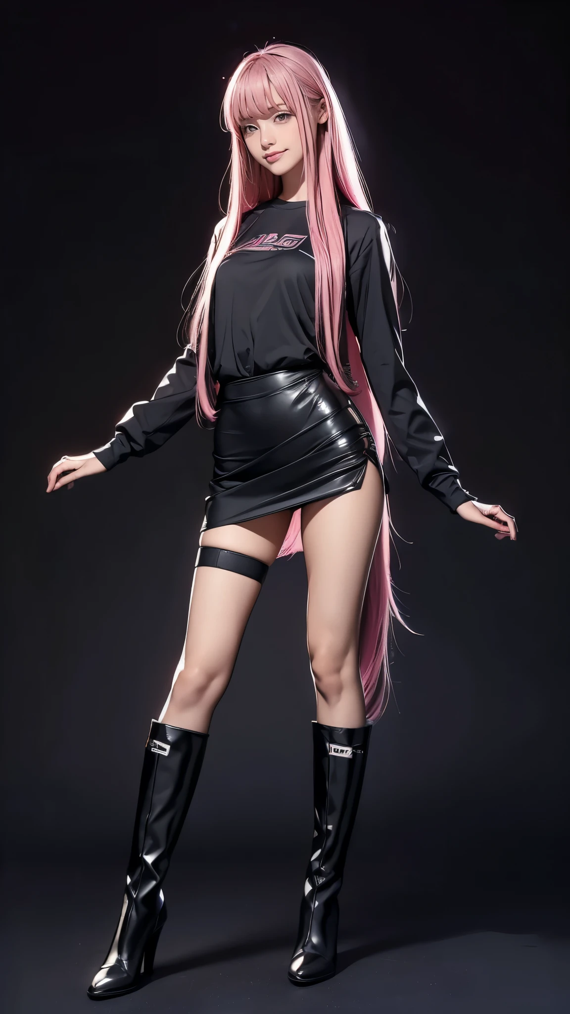 ( Masterpiece:1.2, top quality), ( exists, photo  exists:1.4,  full body view), ( Tiny Breasts :1.6,  full body view),  droopy eyes :1.5,   very thin :1.5, Extremely thin thighs:1.5,  depth of the drawn border,   girl:1.5,  perfect face,  cute face, ( long hair,  pink hair with crotch), ((black stretchy fabric, Fabric that adheres to the body  ,  black miniskirt , black boots )), ( music studio,  live house), (smile), ((Fender Telecasterを手に持ってください))