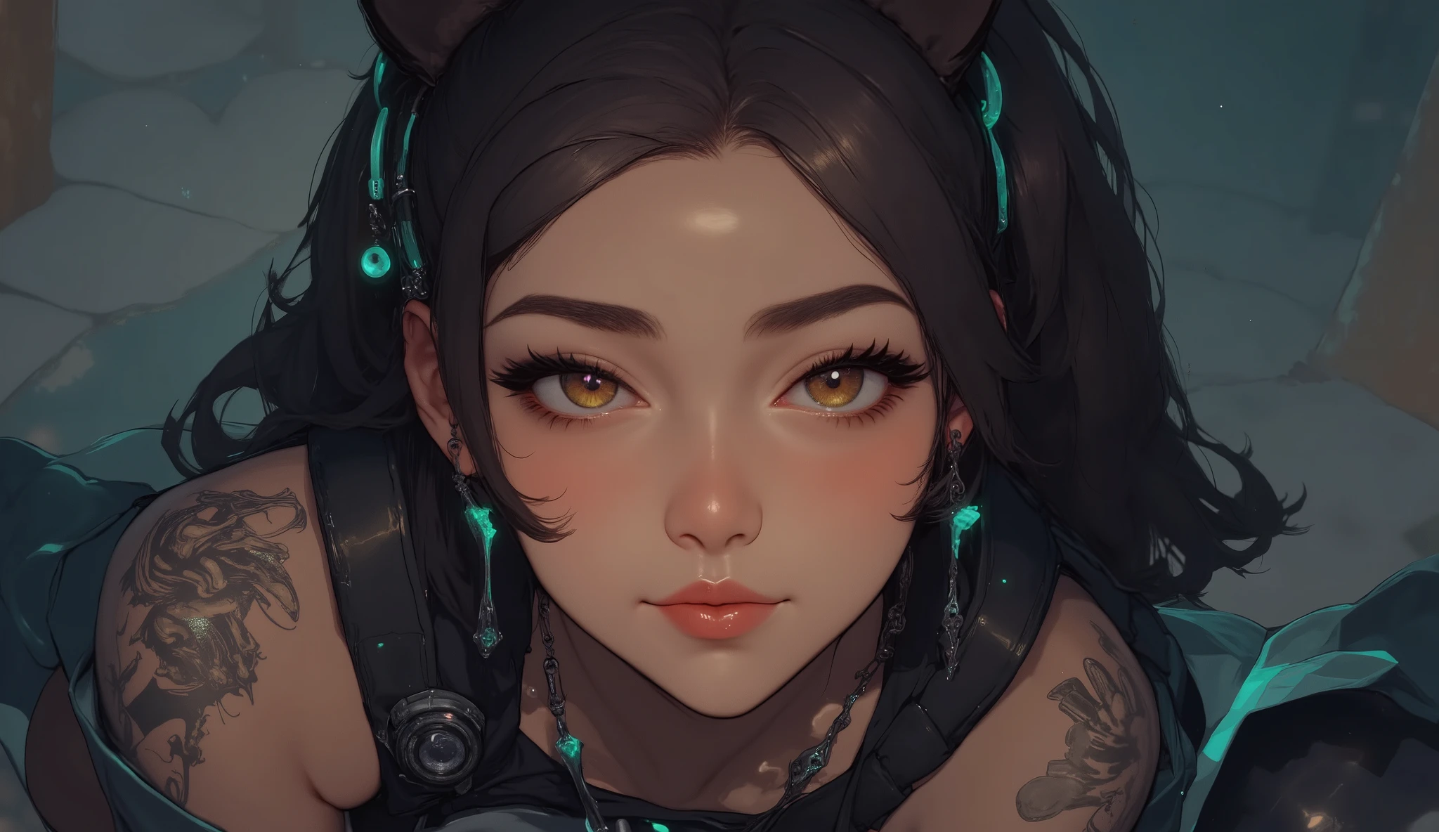 Photorealistic, ultra uhd, unreal engine 5, A harden warriors looking at camera, with iridescent tattoos glowing blue-green in color, her eyes are like the eyes of a cat, amber color eyes, soft skin, cyberpunk, steampunk, netrunner, shoulders relaxed, 4K 