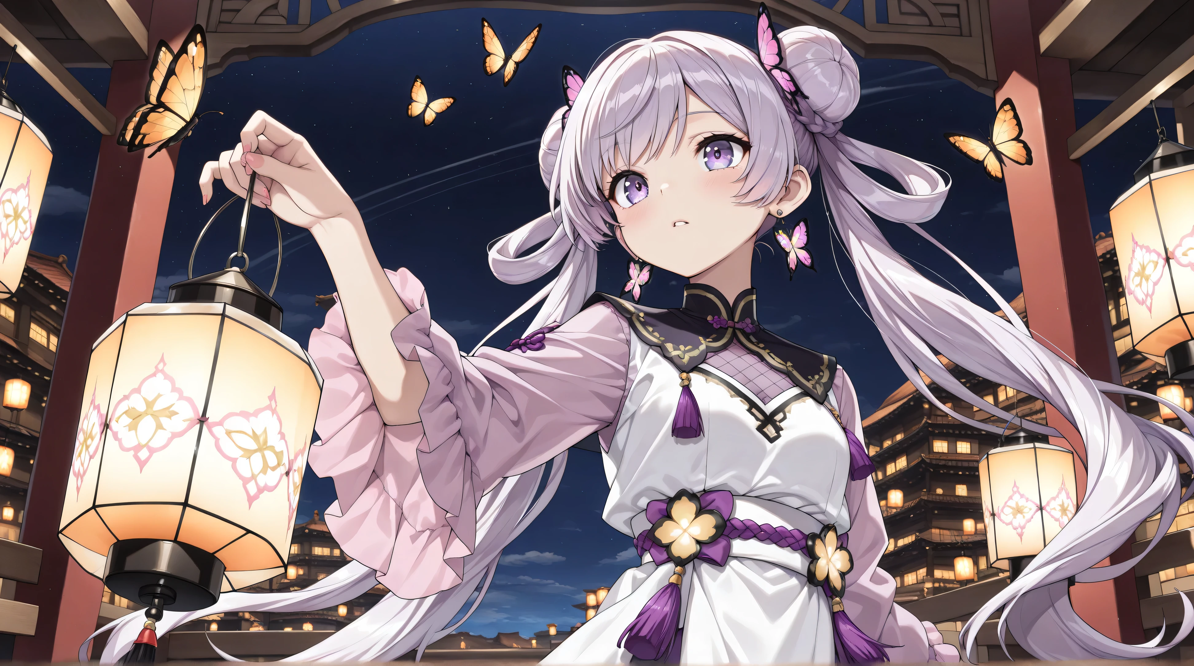 ((masterpiece, best quality, extremely detailed, absurdres, very aesthetic, amazing quality)), panorama, (1girl, solo, beautiful Bun-style twin tails, White and purple mesh hair, Like tiger stripes) BREAK Lantern earrings, the earrings are luminous, Women's traditional clothing, holding a lantern in his hand, BREAK Beautiful and colorful lanterns\Shine brightly\Detailed decoration BREAK
(Floating in the Dark, Beautiful nighttime expression, contrast between light and dark, Beautiful gradational scarlet butterflies fluttering around)