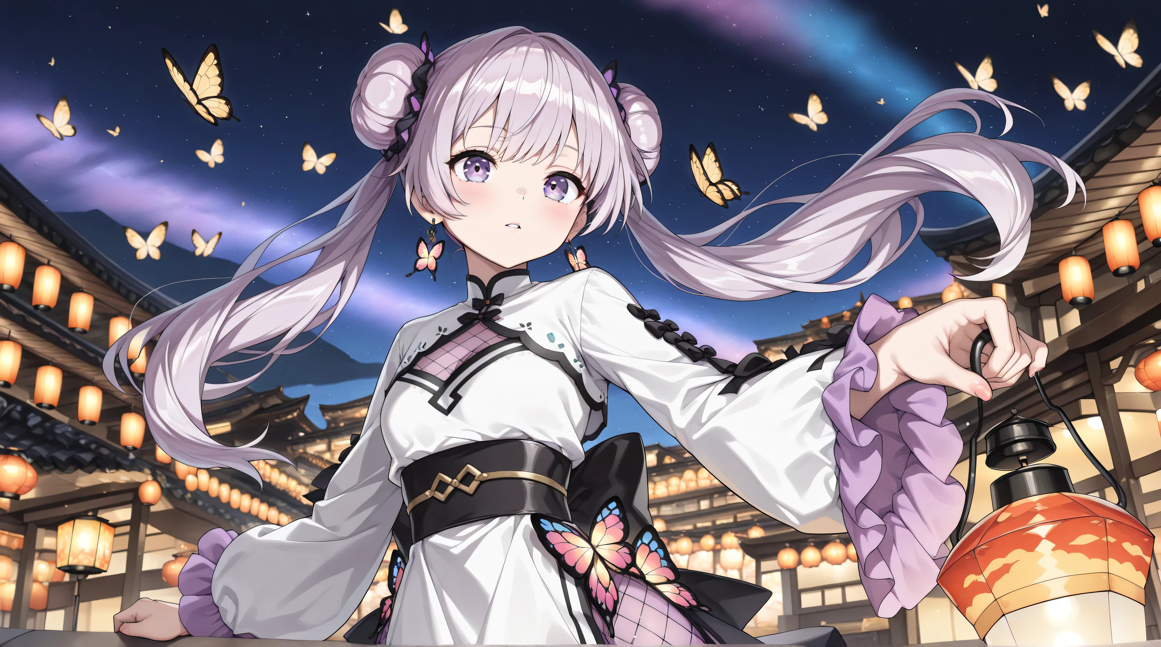 ((masterpiece, best quality, extremely detailed, absurdres, very aesthetic, amazing quality)), panorama, (1girl, solo, beautiful Bun-style twin tails, White and purple mesh hair, Like tiger stripes) BREAK Lantern earrings, the earrings are luminous, Women's traditional clothing, holding a lantern in his hand, BREAK Beautiful and colorful lanterns\Shine brightly\Detailed decoration BREAK
(Floating in the Dark, Beautiful nighttime expression, contrast between light and dark, The red butterfly is faintly glowing, glowing effect, Beautiful gradational scarlet butterflies fluttering around, A very dark but beautiful blue night corridor, absurdly fantastical)