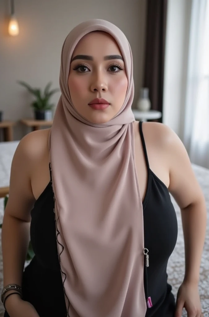 ((HIJAB)), ((Chubby:1.4)), ((Metured:1.6)), bokeh photography of a mature 45 years old malay women wearing hijab and naked, side lighting, shocked face , front view, eye contact, ((wearing strapless satin)), (from behind up), seductive pose