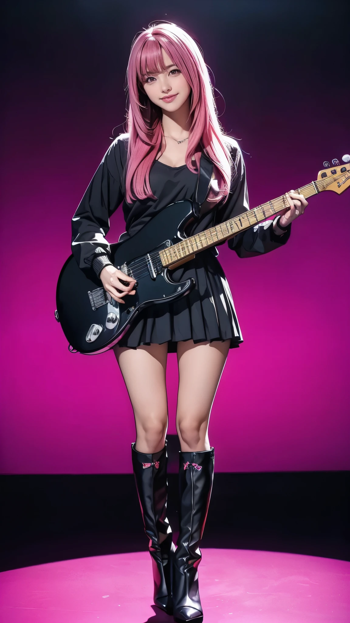 ( Masterpiece:1.2, top quality), ( exists, photo exists:1.4, full body view), ( Tiny Breasts :1.6, full body view), droopy eyes :1.5, very thin :1.5, Extremely thin thighs:1.5, depth of the drawn border, girl:1.5, perfect face, cute face, ( long hair, pink hair with crotch), (( black miniskirt , black boots )), ( music studio, live house), (smile), ((Fender Telecasterを手に持ってください))