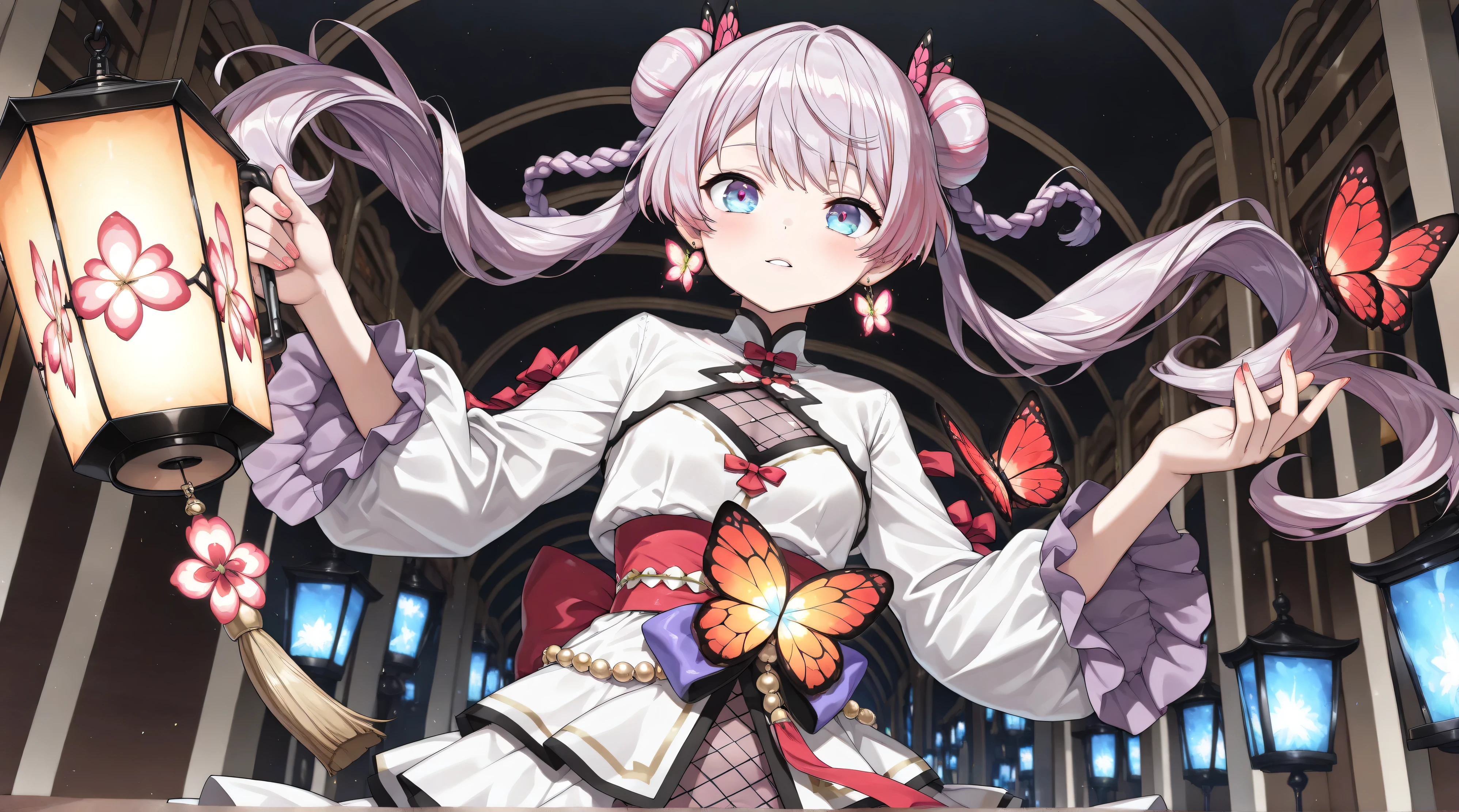 ((masterpiece, best quality, extremely detailed, absurdres, very aesthetic, amazing quality)), panorama, (1girl, solo, beautiful Bun-style twin tails, White and purple mesh hair, Like tiger stripes) BREAK Lantern earrings, the earrings are luminous, Women's traditional clothing, holding a lantern in his hand, BREAK Beautiful and colorful lanterns\Shine brightly\Detailed decoration BREAK
(Floating in the Dark, Beautiful nighttime expression, contrast between light and dark, The red butterfly is faintly glowing, glowing effect, Beautiful gradational scarlet butterflies fluttering around, A very dark but beautiful blue night corridor, absurdly fantastical)