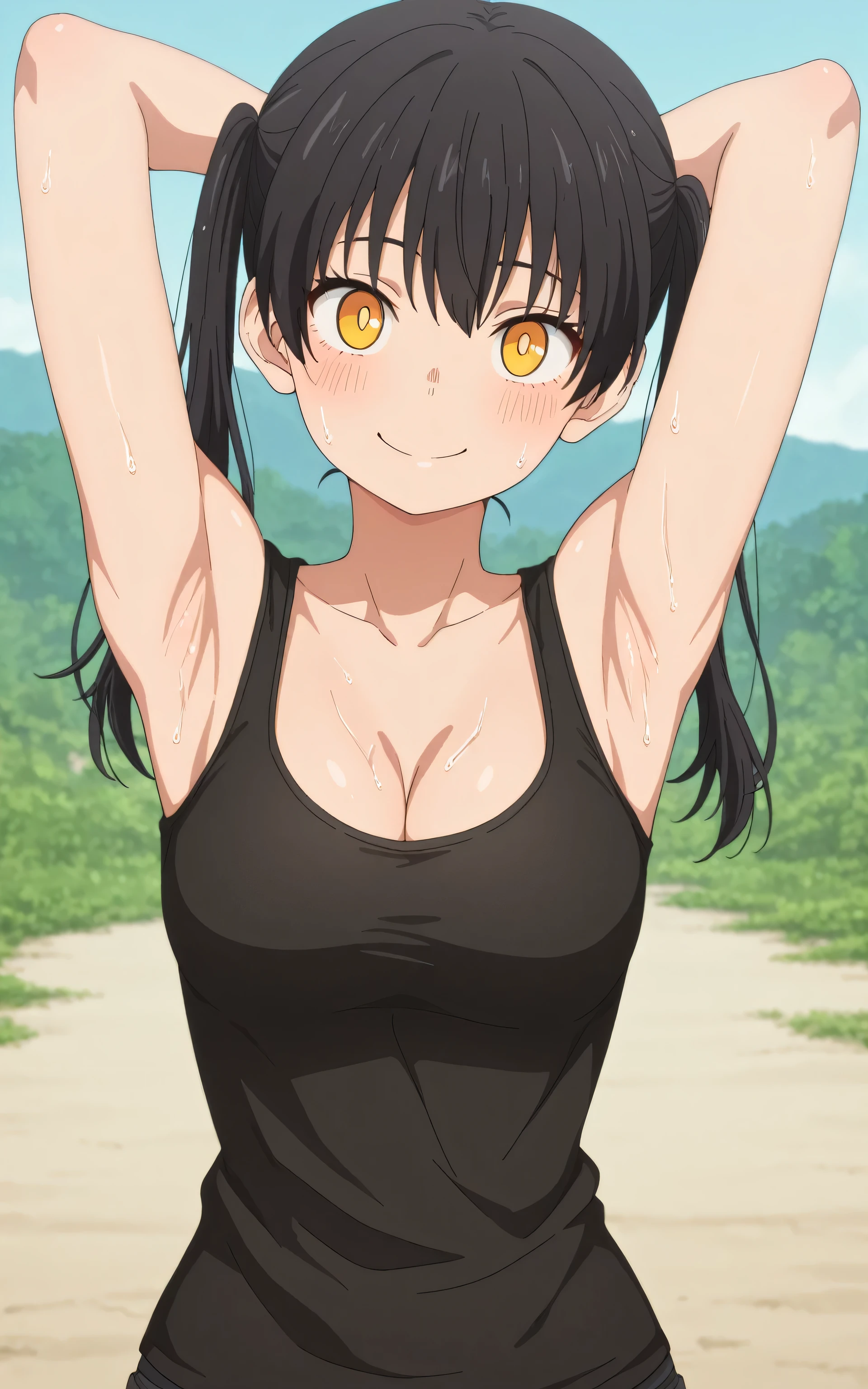 masterpiece, best quality, amazing quality, anime screencap, 1girl, solo, tamak1, black hair, yellow eyes, twintails, black tank top, sleeveless, bare shoulders, bare arms, arms behind head, armpits, head towards viewer, looking at viewer, blush, smile, closed mouth, anime coloring, medium breasts, outdoors, cleavage, sweaty