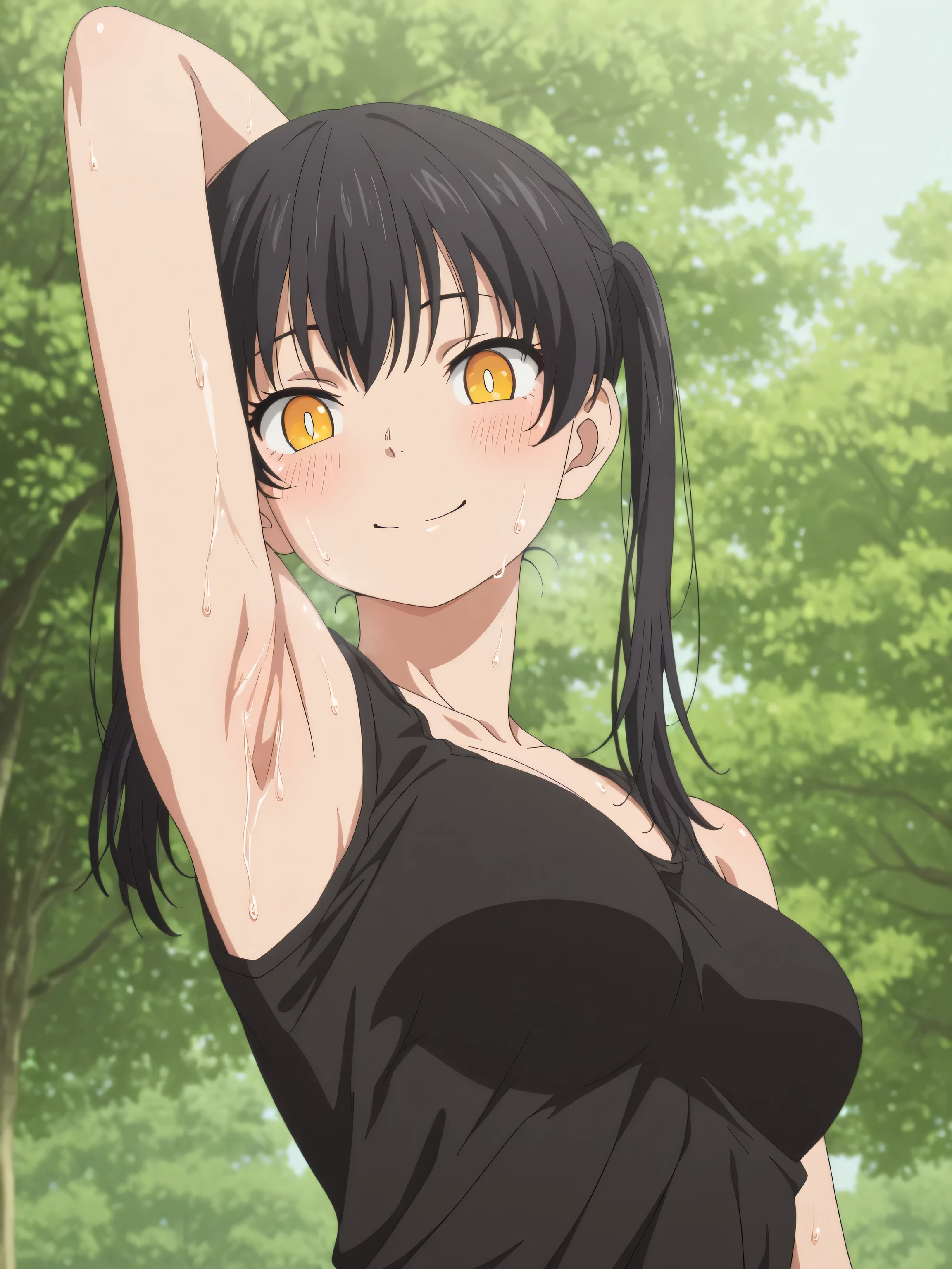 masterpiece, best quality, amazing quality, anime screencap, 1girl, solo, tamak1, black hair, yellow eyes, twintails, black tank top, sleeveless, bare shoulders, bare arms, arm behind head, armpit, head towards viewer, looking at viewer, blush, smile, closed mouth, anime coloring, medium breasts, outdoors, sweaty, from side, from below 