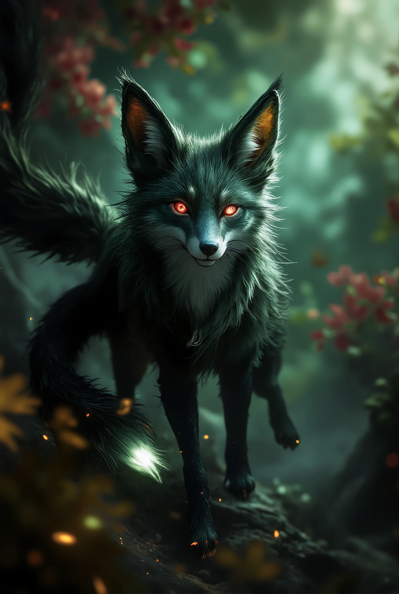 Beautiful marvelous beast with beautiful reddish bead eyes, half-moon-shaped ears , with beautiful black and green fur , cute mouth with a marvelous nose , Very detailed, fox-like , beautiful massive four legs , three tails with white lights at the ends of the tails , mystical background , beautiful colors , rich colors , 8 k, better quality, complicated details, maximum number of details , Masterpiece , ultra details, complex textures , Точность, high quality shank, fantasy style,