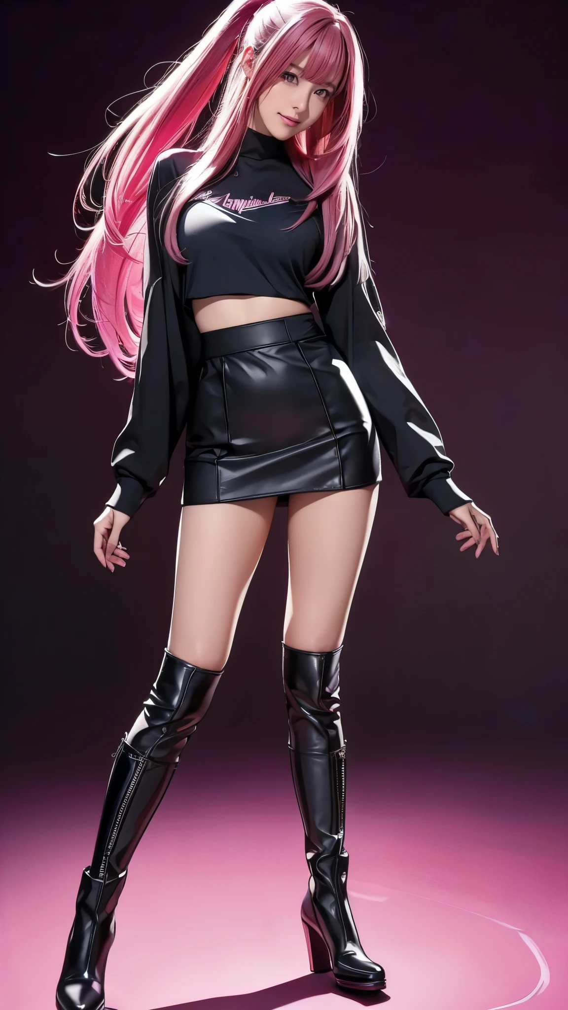 ( Masterpiece:1.2, top quality), ( exists, photo exists:1.4, full body view), ( Tiny Breasts :1.6, full body view), droopy eyes :1.5, big round eyes, very thin :1.5, Extremely thin thighs:1.5, depth of the drawn border, girl:1.5, perfect face, cute face, ( long hair, pink hair with crotch), (( black miniskirt , black boots )), ( music studio, live house), (smile), ((Fender Telecasterを手に持ってください))