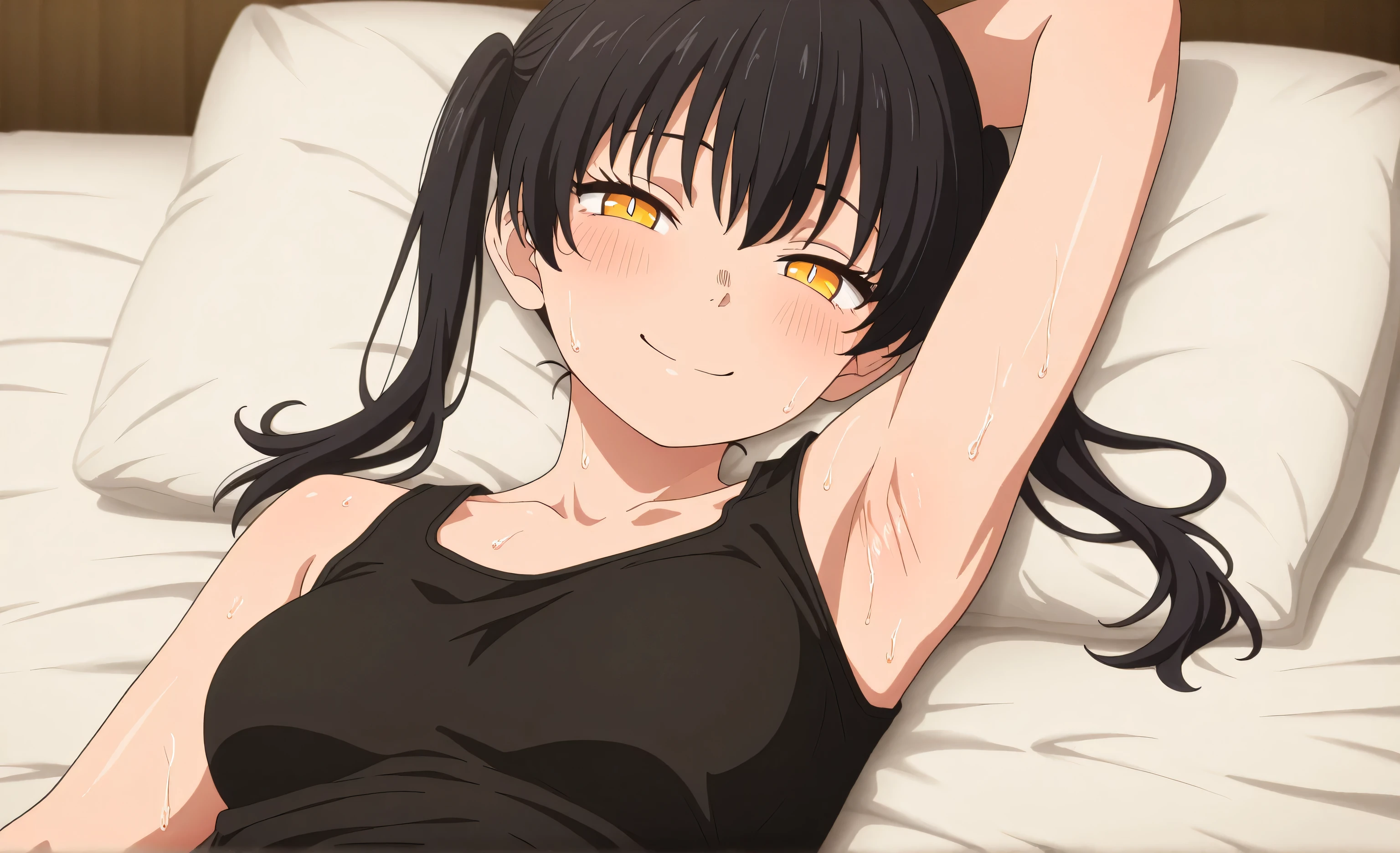 masterpiece, best quality, amazing quality, anime screencap, 1girl, solo, tamak1, black hair, yellow eyes, twintails, black tank top, sleeveless, bare shoulders, bare arms, arm behind head, armpit, head towards viewer, looking at viewer, blush, smile, closed mouth, anime coloring, medium breasts, sweaty, lying in bed, half-closed eyes