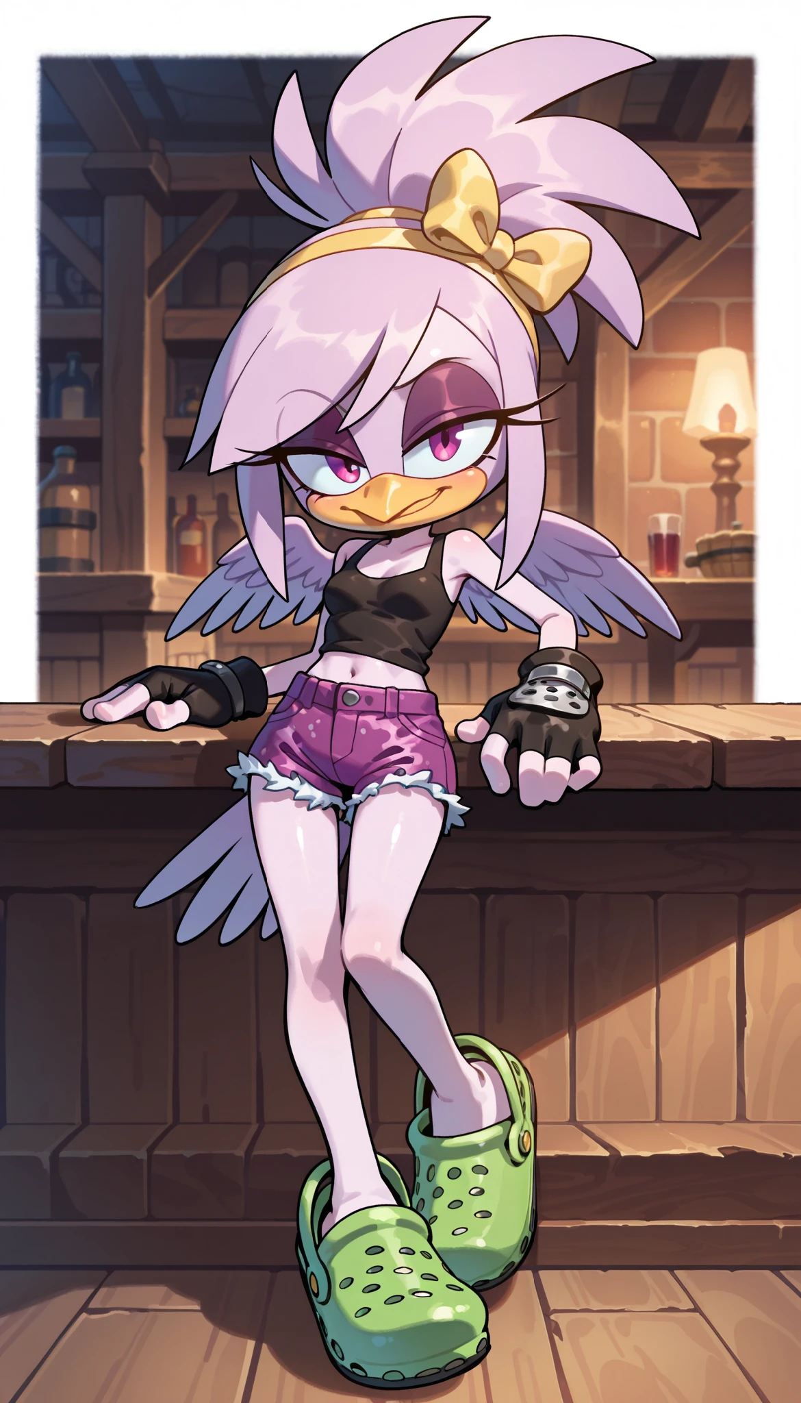 score_9, score_8_up, score_7_up, 1girl, solo, masterpiece, best quality, amazing quality, very aesthetic, absurdres, source furry, mobian bird, magenta eyes, light purple body fur, (magenta hair, punk hairstyle, long side hair, messy spiky ponytail), looking at viewer, smile, oily skin, eyeshadows, bird beak, (short body, tiny body), big head, closeup, ((black fingerless gloves, yellow hairband with bow, black tank top, midriff, lilac shorts, crocs shors)), full body, small breasts, bird features, bird tail, lilac feathered wings, tavern on background, leaning on table,