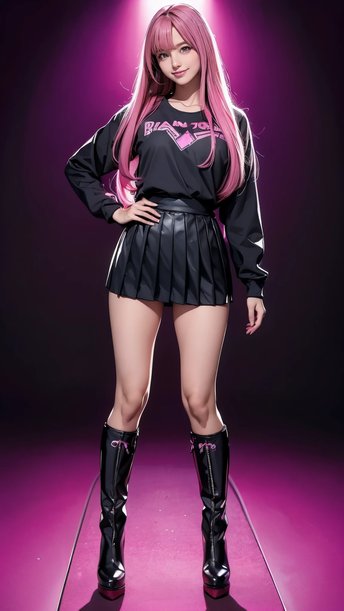 ( Masterpiece:1.2, top quality), ( exists, photo exists:1.4, full body view), ( Tiny Breasts :1.6, full body view), droopy eyes :1.5, big round eyes, very thin :1.5, Extremely thin thighs:1.5, depth of the drawn border, girl:1.5, perfect face, cute face, ( long hair, pink hair with crotch), (( black miniskirt , black boots )), ( music studio, live house), (smile), ((Fender Telecasterを手に持ってください))
