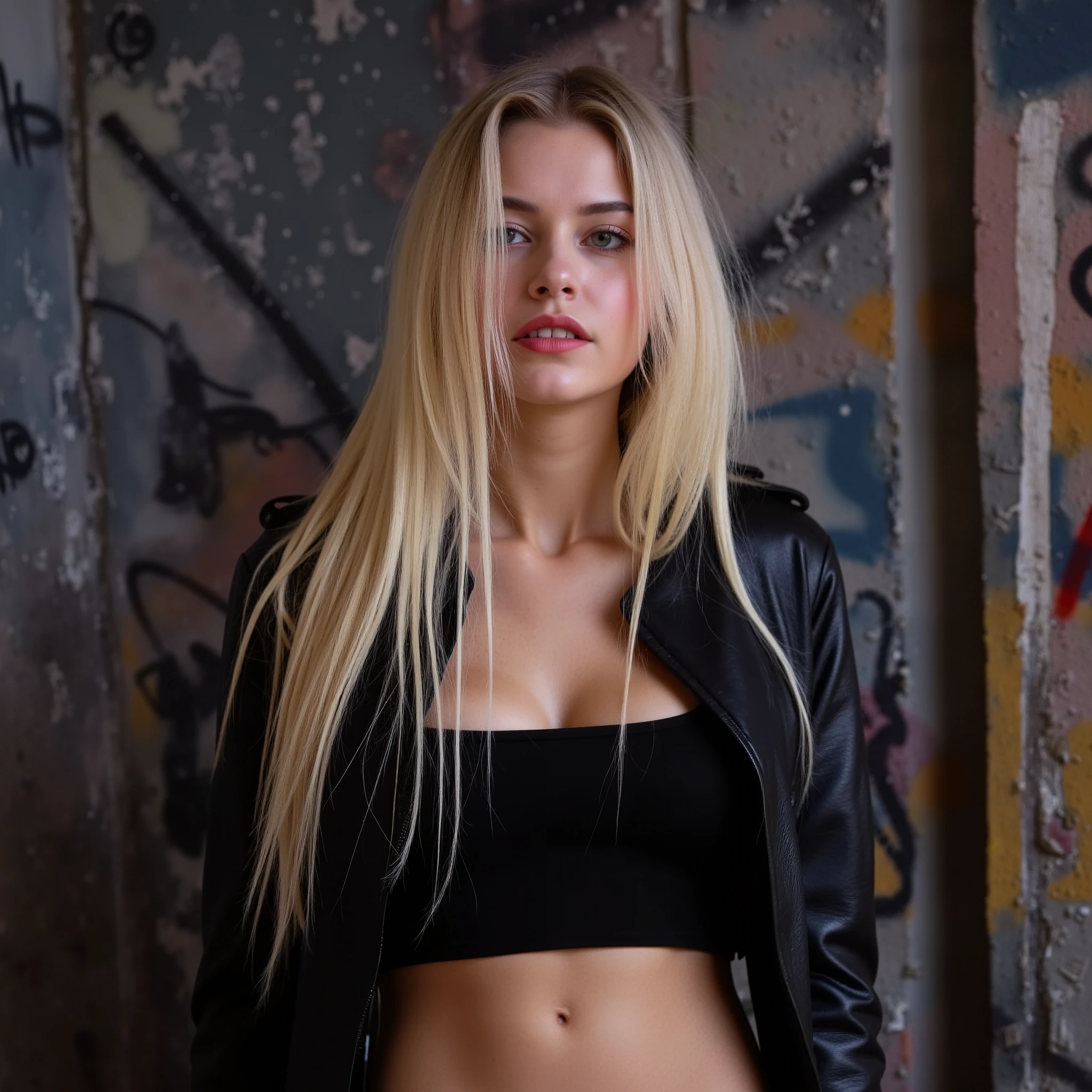 score_9_ up , score_8_ up , score_7_ up , Abstract, 1 girl, alone, Age 25, PERFECT FACE IN DETAILS, full body shot ,(adult), sexy,long blond Hair, stares at viewers, leather jacket, black crop top, cyberpunk, portrait photo, beautiful eyes, cowboy shot, cyberpunk art, portrait,( background is an abstract graffitied wall:1.3), is written in depth