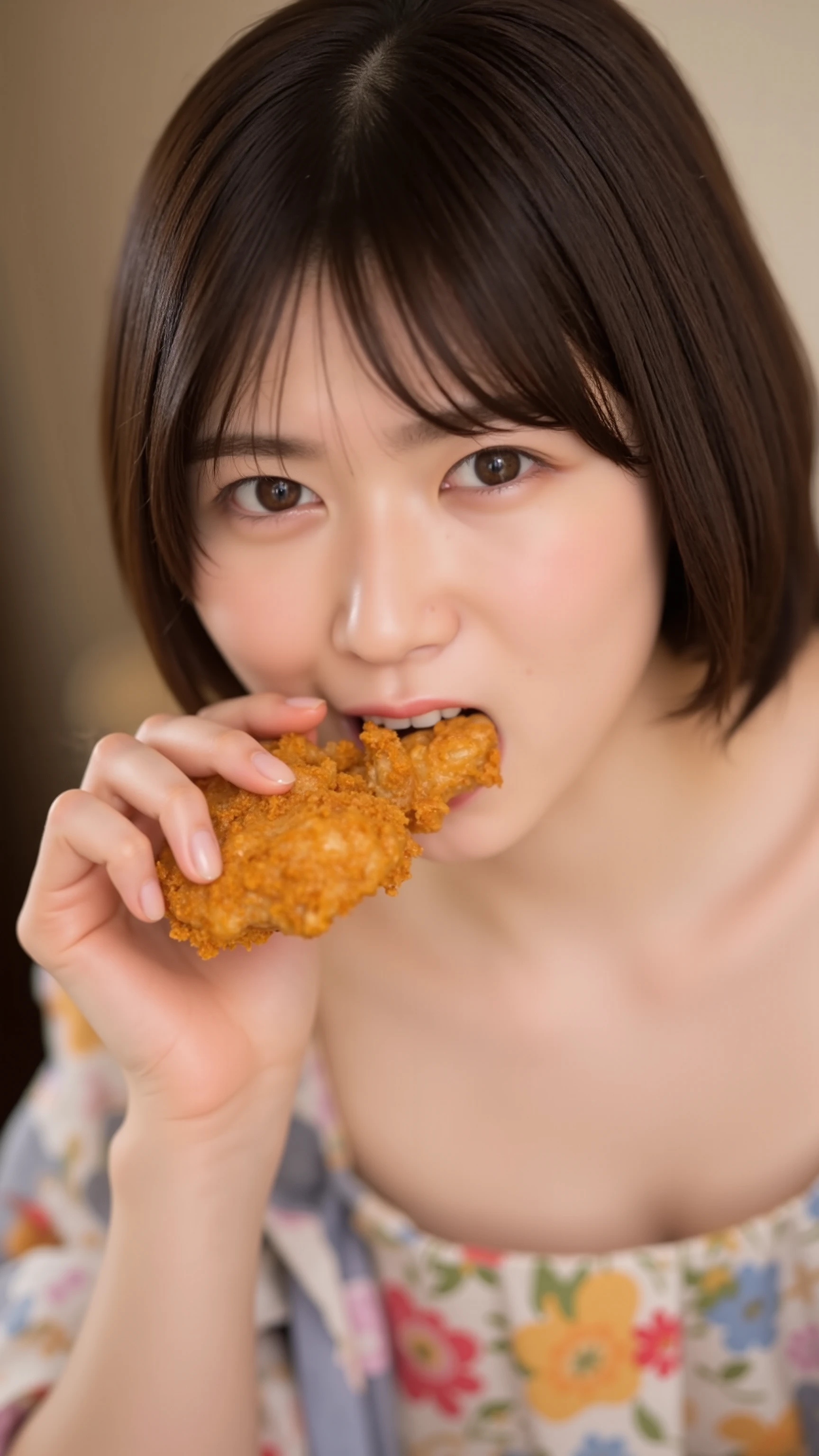 A high resolution photograph of a Japanese young woman in dress, photo-realistic, Intricate details, solo, 1girl, sucking fried chicken in hand, biting, eating, pale skin, fine-textured skin, detailed face, perfect hand, detailed hand, detailed fingers, indoors,