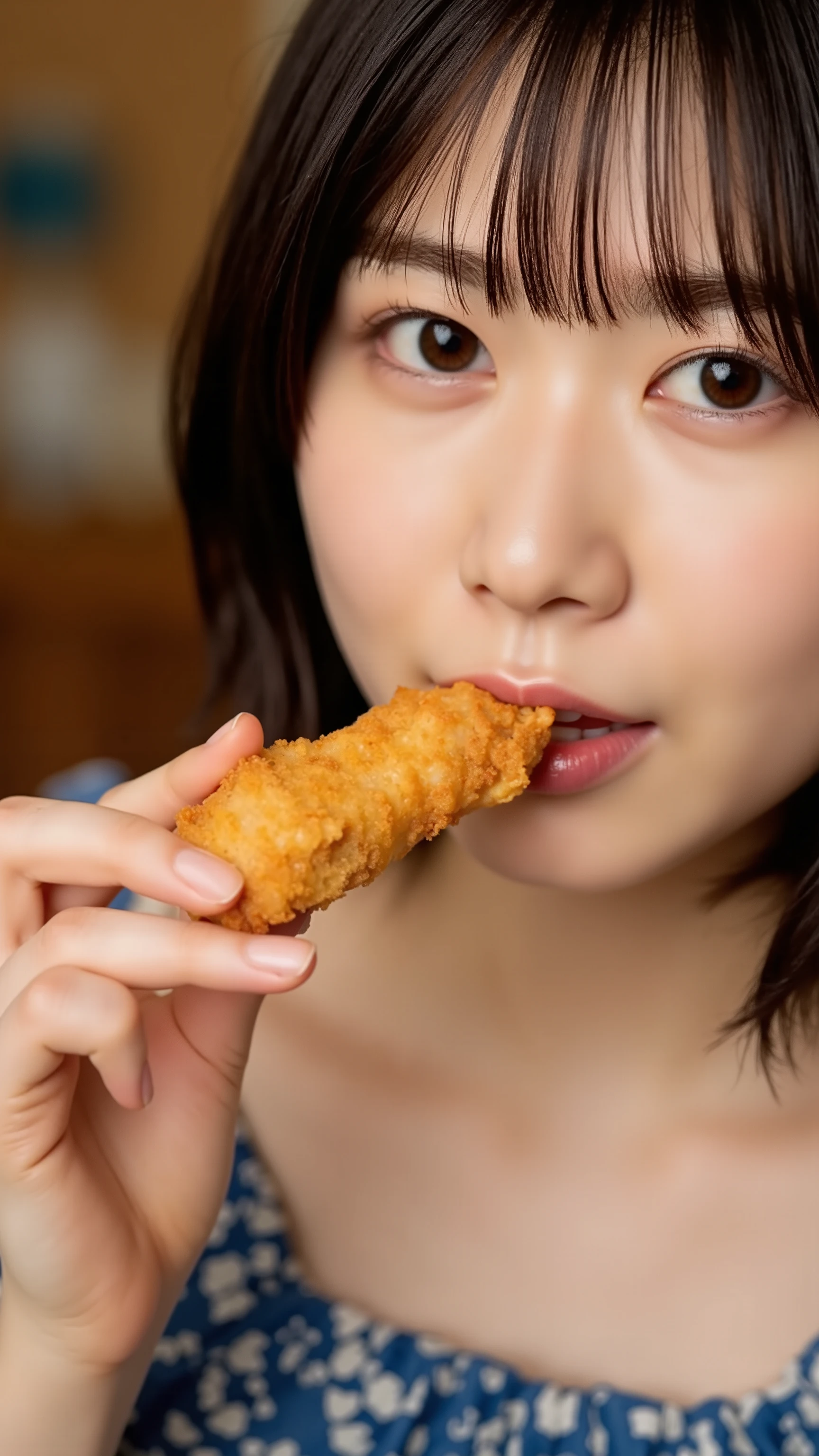 A high resolution photograph of a Japanese young woman in dress, photo-realistic, Intricate details, solo, 1girl, sucking fried chicken in hand, biting, eating, pale skin, fine-textured skin, detailed face, perfect hand, detailed hand, detailed fingers, indoors,