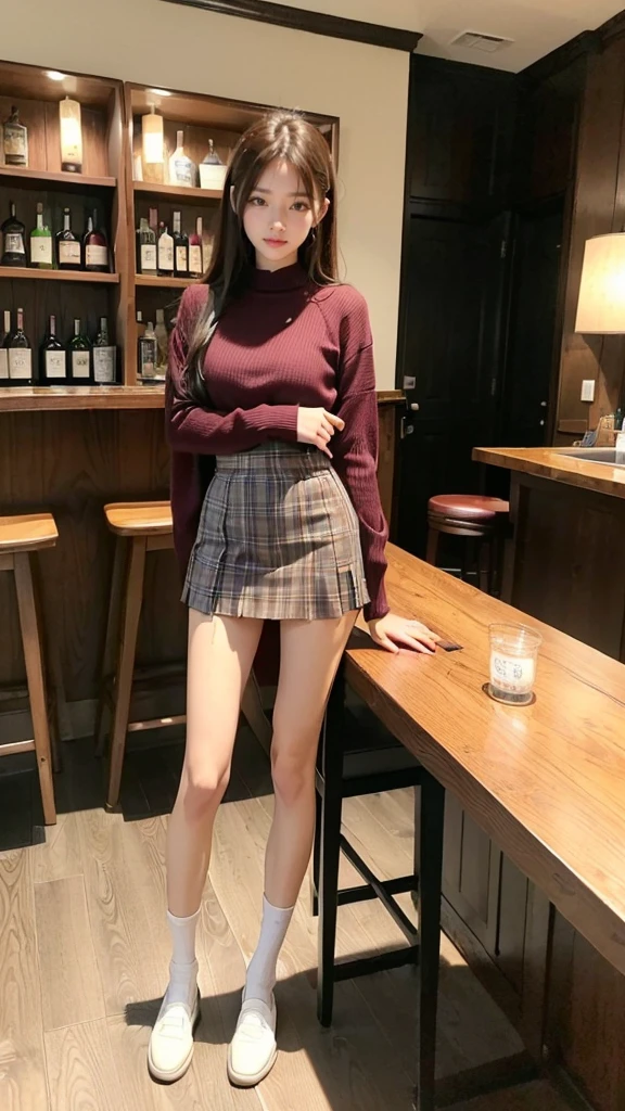 masterpiece, best quality, ultra-detailed, intricately detailed hyperdetailed, realistic, sharp features, highly detailed, sharp focus, Realistic, Photorealistic:1.3, (19 years old:1.3), perfect face, perfect symmetrically eyes, perfect full lips, hyper detailed, hyper realistic, high resolution, Fashion Model, Japanese Idol, Slender, brown hair, Stylish, model poses, Beautiful Face, light brown hair, messy hair, asymmetrical bangs, (seductive smile:1.2), (looking at viewer), (from below), cinematic lighting, blurred background, (Black knit:1.2), ((red mini plaid skirt, black high socks)), (staircase landing),