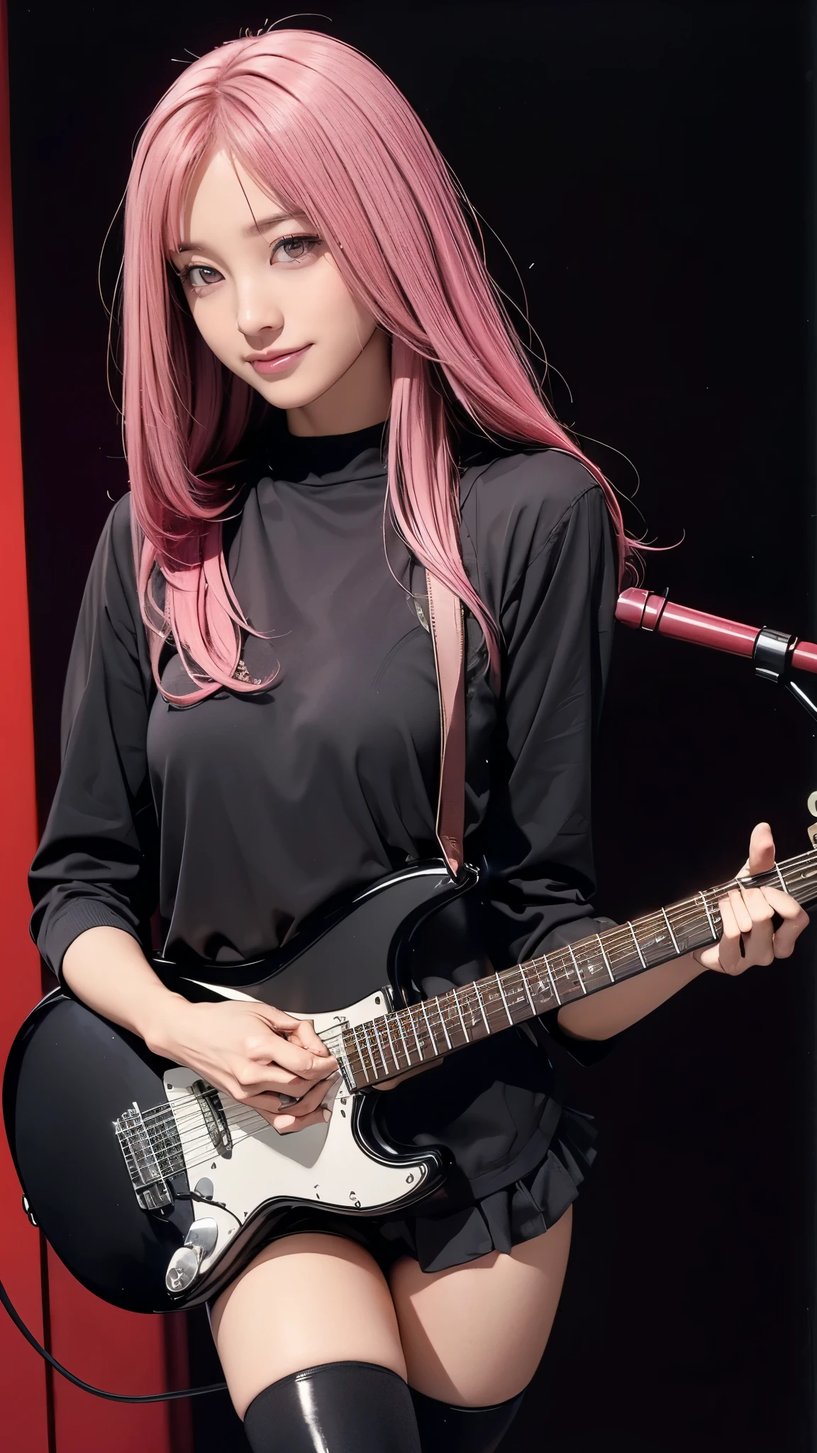 ( Masterpiece:1.2, top quality), ( exists, photo exists:1.4), (Knee), droopy eyes :1.5, big round eyes, very thin :1.5, Extremely thin thighs:1.5, depth of the drawn border, girl:1.5, perfect face, cute face, ( long hair, pink hair with crotch), (( black miniskirt , black boots )), ( music studio, live house), (smile), ((Fender Telecasterを手に持ってください))