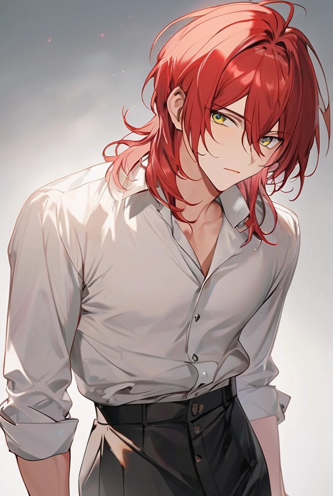 Make me a character very similar to Diluc with the same cut and hair color but I want him to wear a white dress shirt and to have a penetrating and serious look his eyes have to be yellow