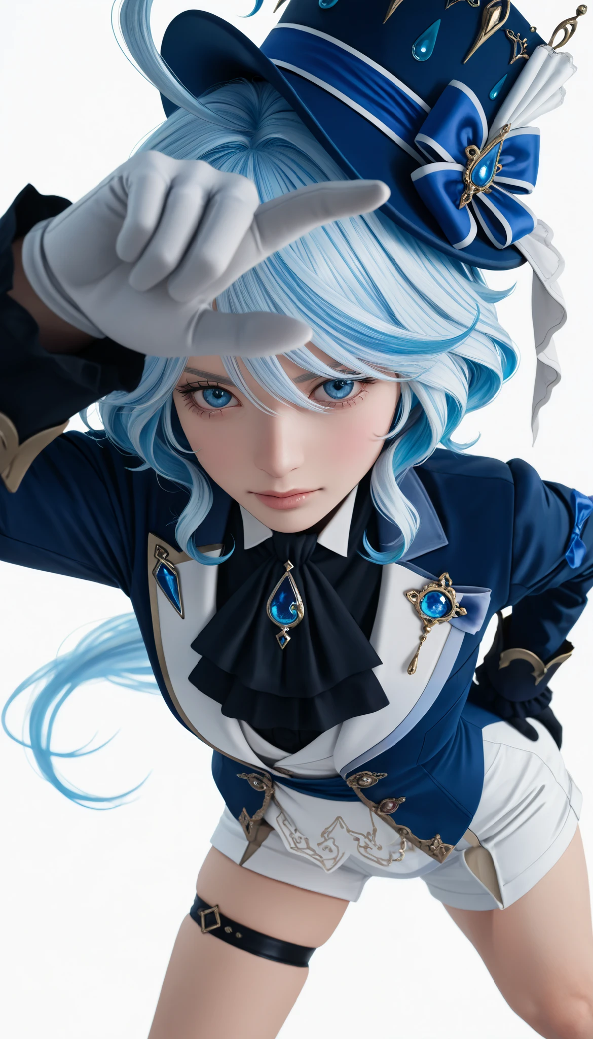 (photography, best quality), photorealistic, RAW, best score, best anatomy, ultra deitailed, amazing quality, very aesthetic, realistic:1.4 absurdres, highres, 2024, newest, HDR, 8K, high detail RAW color Photo, high contrast, portrait, (close up), large pupil, eyelashes, microtexture, rich in realistic textures, furinadef, BLUE hair, ahoge, blue headwear, top hat, jacket, ascot, brooch, long sleeves, black gloves, white gloves, white shorts, thigh strap
furinarnd, ahoge, ((forced perspective)), ((minimalist white background)), looking at the viewer,