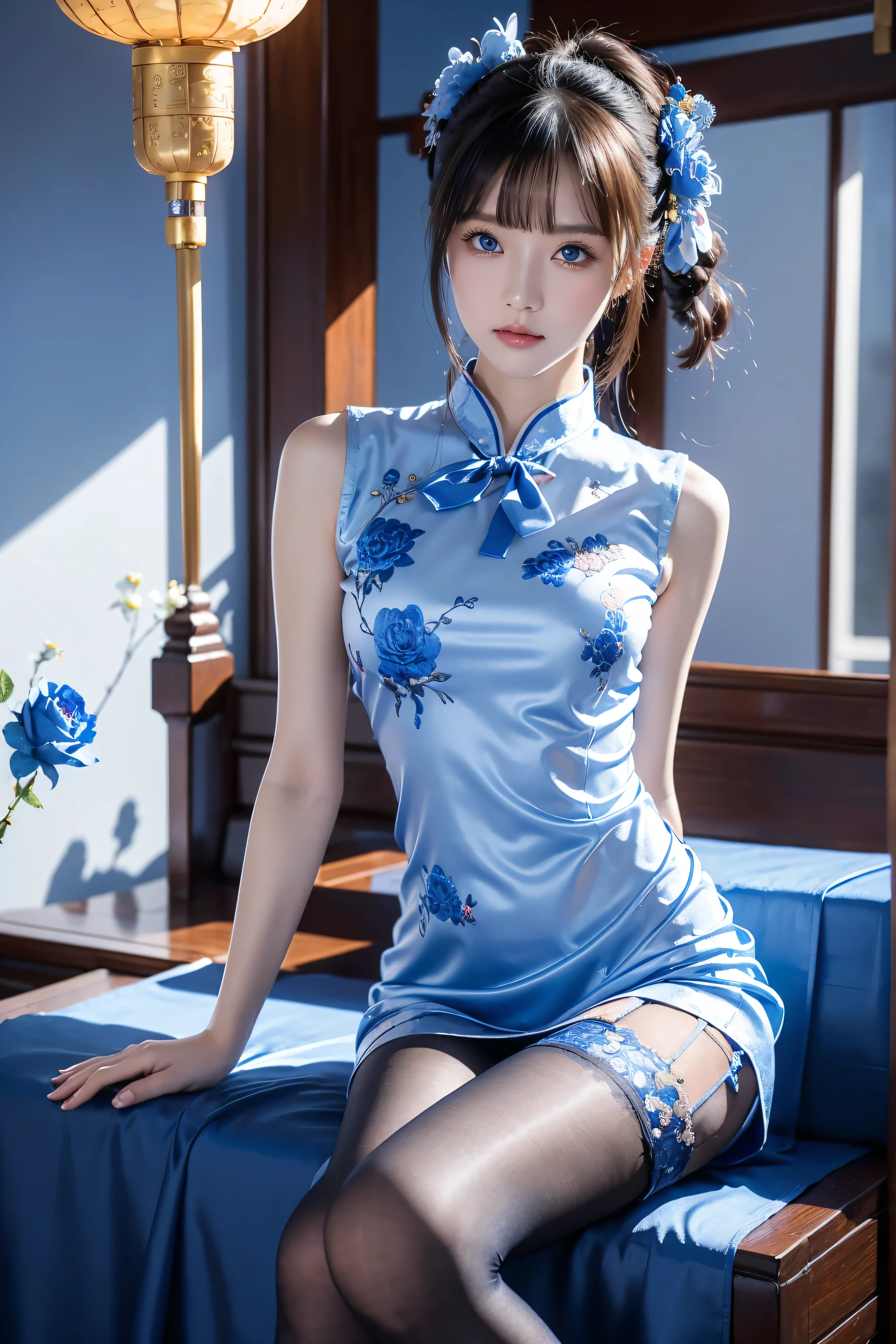 Cheongsam, 1 girl, blue bow, blue eyes, blue flowers, blue ribbon, blue rose, chest, Chinese clothing, Chinese clothing, dress, flower, gradient, gradient background, embroidered ball flower, looking at the audience, small chest, pantyhose, rose, single, thigh pantyhose, Chinese paper fan with painting on it,