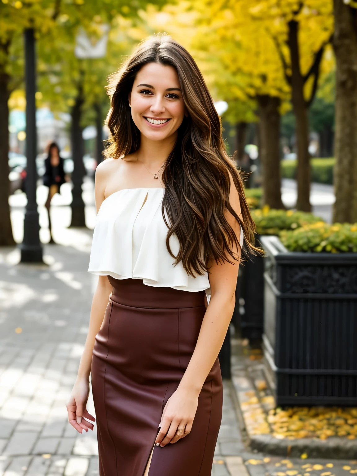  pretty young smiling woman of Italian origin with long straight brown hair who is dressed with a skirt and a high fashion suit 