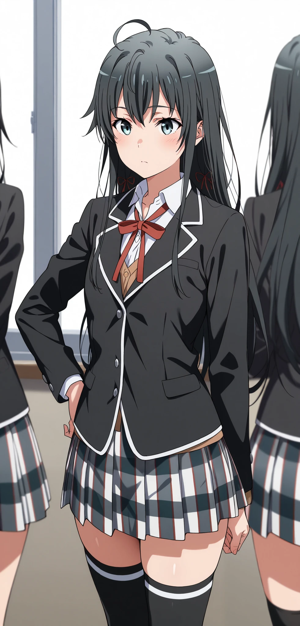 masterpiece, best quality, highres, yukinoshita yukino, long hair, ahoge, hair ribbon, sobu school uniform, neck ribbon, collared shirt, blazer, black jacket, long sleeves, plaid skirt, black thighhighs, , hand on hip, standing