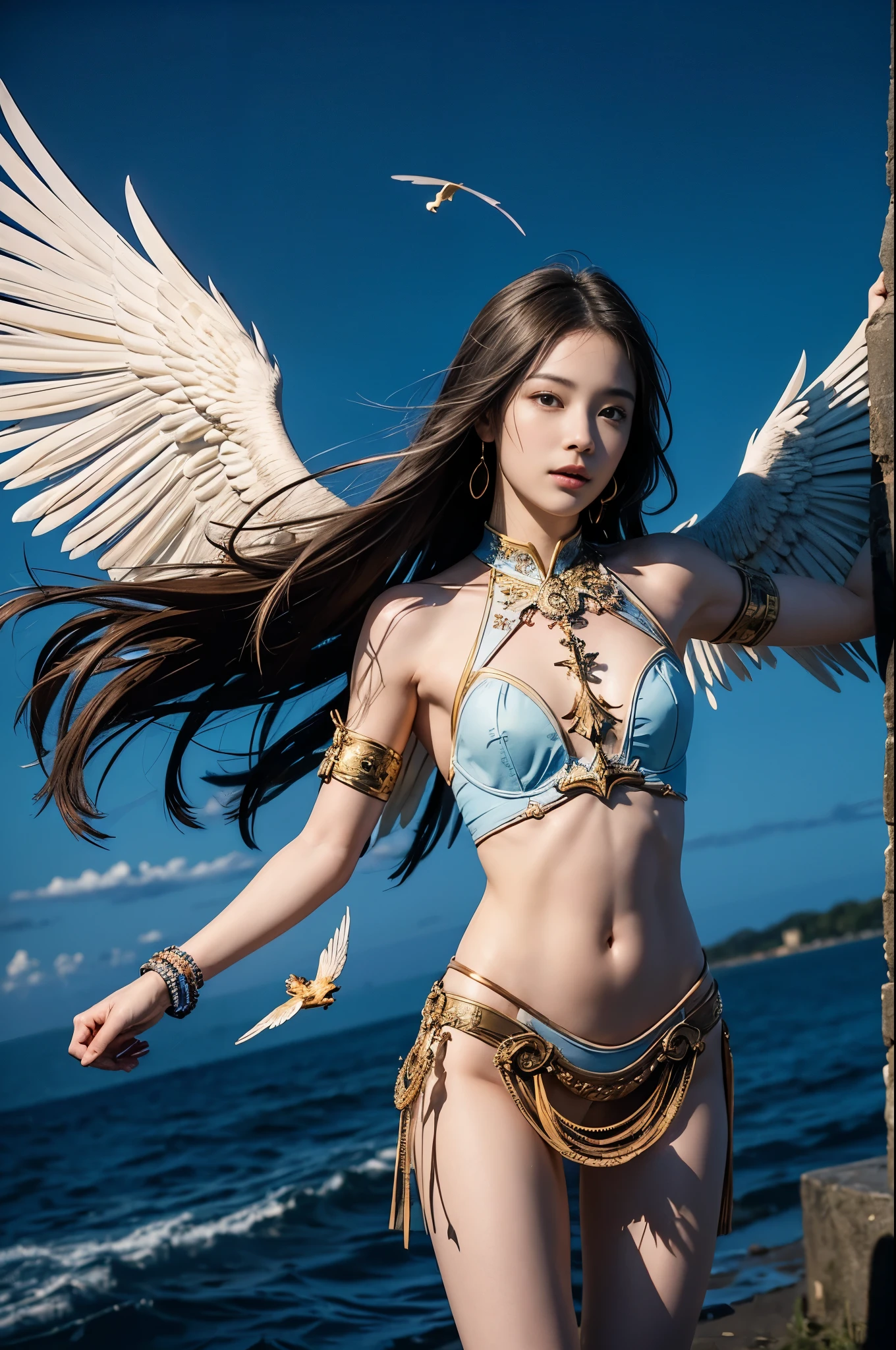 female angel、white angel wings、break、、Brown Hair Ponytail、break、Iridescent bikini、background is sky