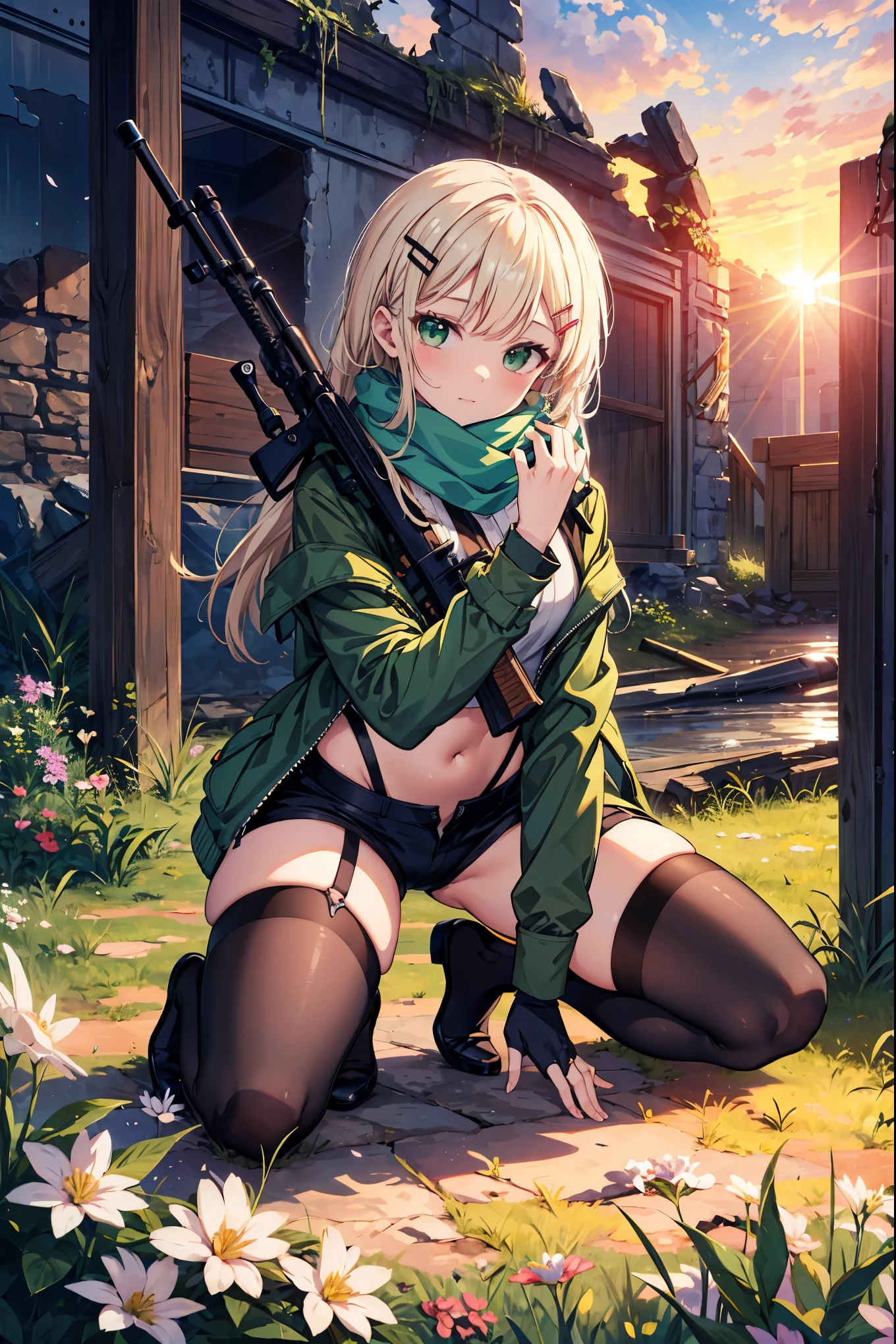 Chinon from Sword Art Online, (holding a rifle: 1.2), masterpiece, Highest quality, High Resolution, 1 Girl, Chinon 1, scarf, Fingerless gloves, Long sleeve, shorts, hair ornaments, Barrette, Green Neeso, Green jacket, Thigh straps, rifle, Ultimate Heckhart II, I&#39;m trying to shoot, Rooftop of a building, City in Ruins,