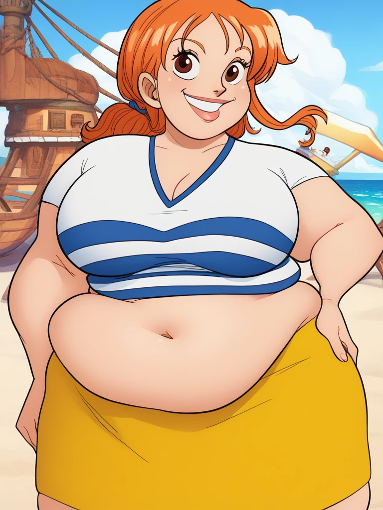 Nami from One Piece, long orange ponytail hair, happy expression, blushing cheeks, ((( massive plump belly))), thick plump thighs, naval , The art style should resemble a captivating anime style. The character is , adult woman, wavy wide streaked bangs, floating bang streaks, (big cheeks), bare shoulders, off-shoulders, belt, bikini, bikini top only, blue sky, bracelet, springy breasts, breast lines, big round eyes, plain big brown shiny eyes, bubbles, high eye position, cleavage, cloud, day, denim, earrings, floating hair, shiny hair, green belt, green bikini, bold groin lines, jeans, jewelry, large breasts, log pose, long hair, looking at viewer, navel, wet hair, orange hair, pants, shoulder tattoo, sidelocks, sky, solo, standing, swimsuit, tattoo , looking at viewer, detailed left arm, small head, wide hair, lustful smile, embarrassed 

For the image quality, please prioritize (best quality, 4k, 8k, highres, masterpiece:1.2), ultra-detailed, and (realistic, photorealistic, photo-realistic:1.37) rendering. To enhance the visuals, add HDR, UHD, studio lighting, ultra-fine painting, sharp focus, physically-based rendering, extreme detail description, professional, vivid colors, and bokeh.
