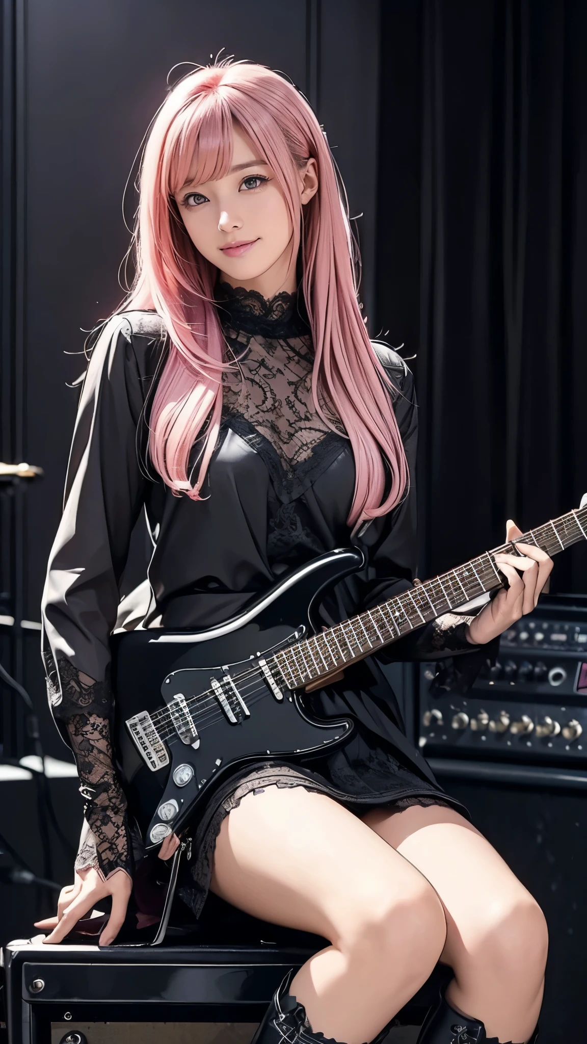 ( Masterpiece:1.2, top quality), ( exists, photo exists:1.4), (Knee), droopy eyes :1.5, big round eyes, very thin :1.5, Extremely thin thighs:1.5, depth of the drawn border, girl:1.5, perfect face, cute face, ( long hair, pink hair with crotch), (( black miniskirt , black boots , Lace Glove)), ( music studio, live house), (ish smile), ((Please hold the Fender Stratocaster))