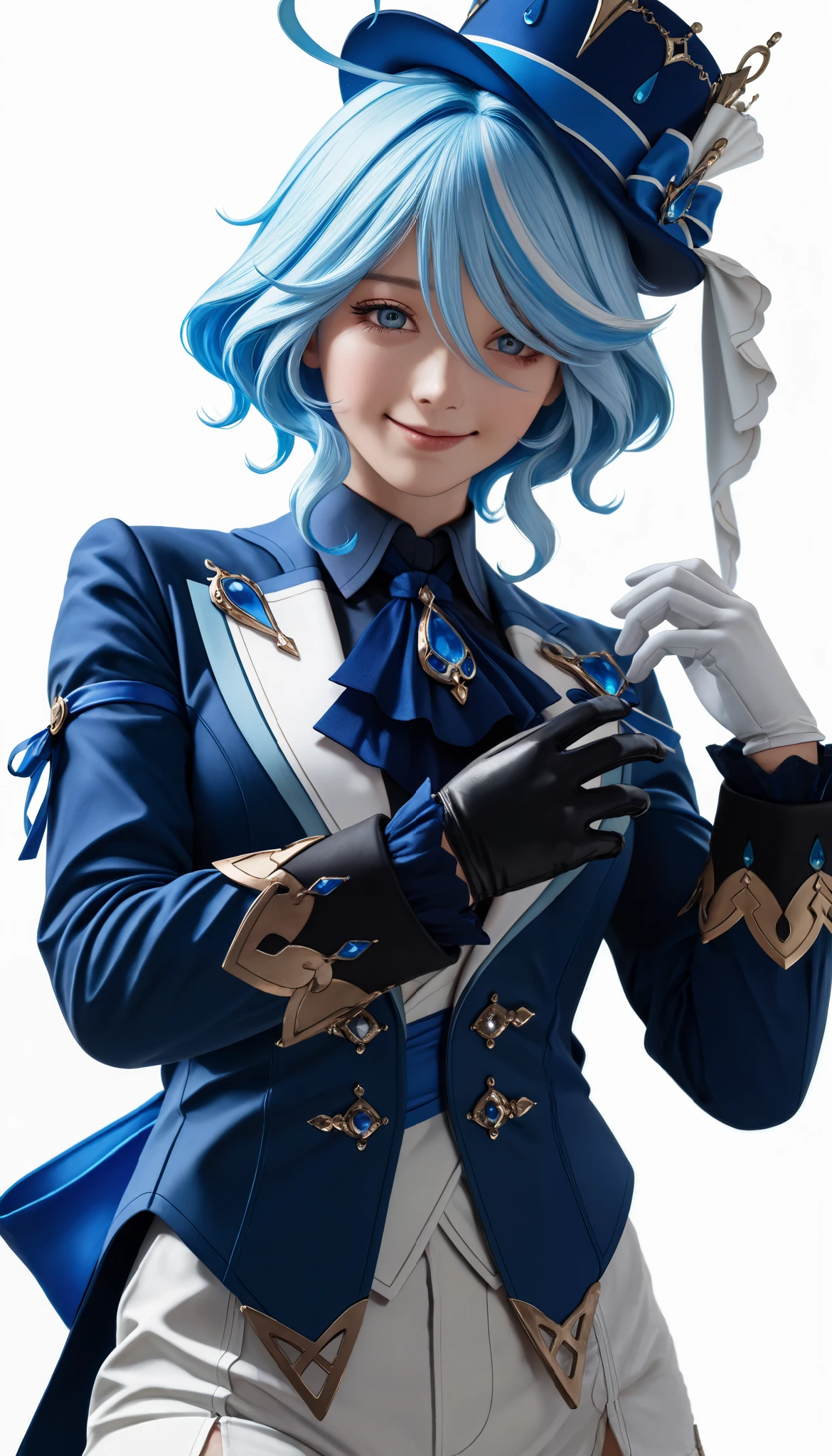 (photography, best quality), photorealistic, RAW, best score, best anatomy, ultra deitailed, amazing quality, very aesthetic_anime, realistic:1.4 absurdres, highres, 2024, newest, HDR, 8K, high detail RAW color Photo, high contrast, portrait, (close up), large pupil, eyelashes, microtexture, rich in realistic textures, smile, furinadef, BLUE hair, ahoge, blue headwear, top hat, jacket, ascot, brooch, long sleeves, black gloves, white gloves, white shorts, ahoge, ((forced perspective)), ((minimalist white background)), looking at the viewer,