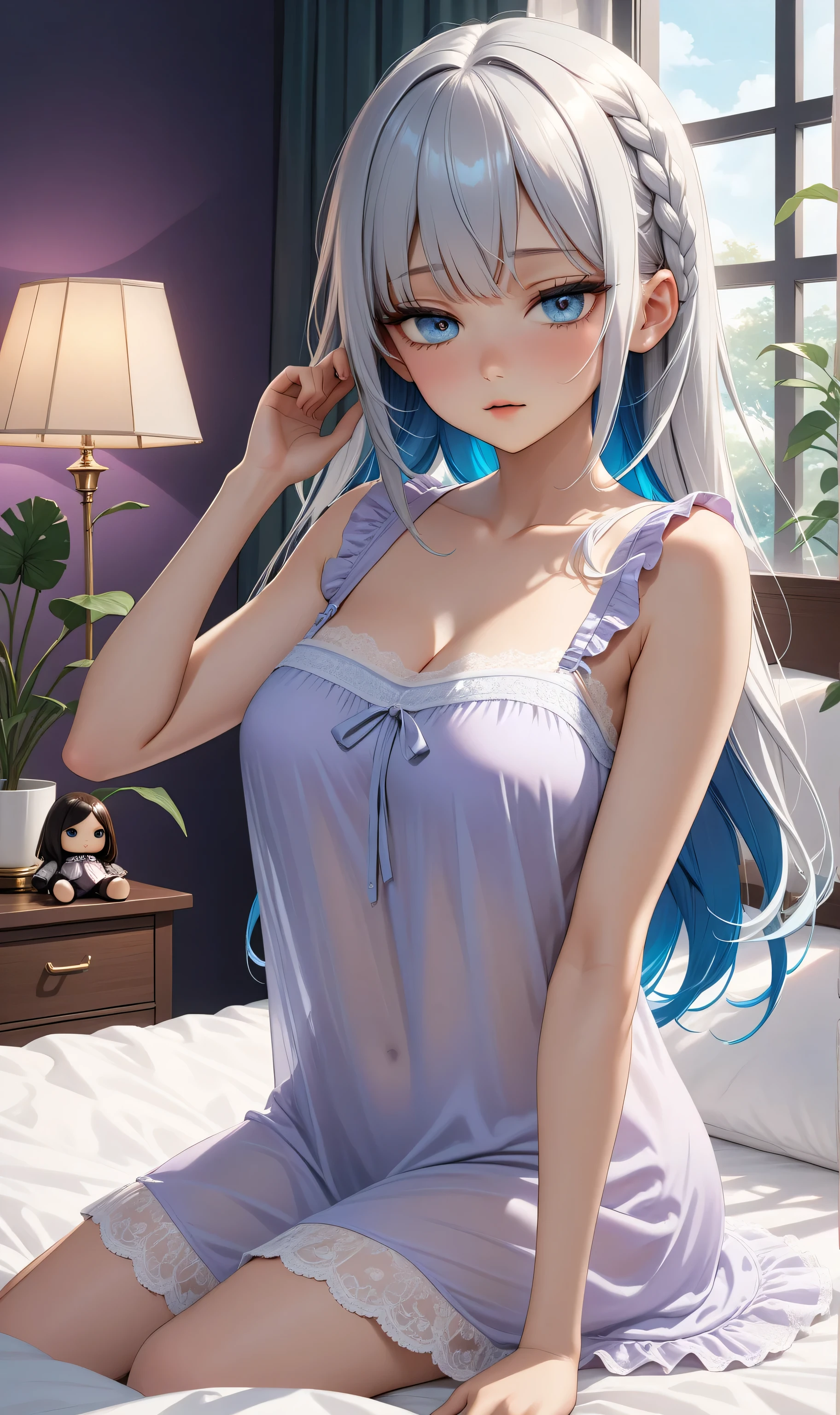 there is a woman laying on a bed with a pillow and headphones, using headphones girl cute-fine-face, with cute - fine - face, chiho, kamisato_ayaka, ayaka hair ornament,cowboy shot,ponytail, blunt bangs,blue eyes, closed mouth, eyebrows visible through hair, long hair, silver hair, medium bust