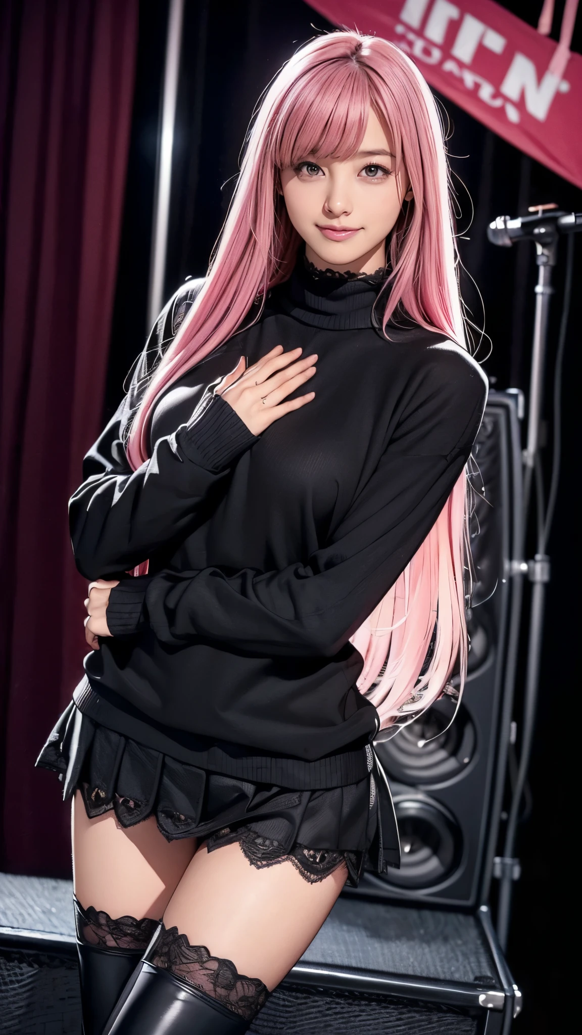 ( Masterpiece:1.2, top quality), ( exists, photo exists:1.4), (Knee), droopy eyes :1.5, big round eyes, very thin :1.5, Extremely thin thighs:1.5, depth of the drawn border, girl:1.5, perfect face, cute face, ( long hair, pink hair with crotch), ((black turtle sweater, black miniskirt , black boots , Lace Glove)), ( music studio, live house), (ish smile), ((Please hold the Fender Stratocaster))