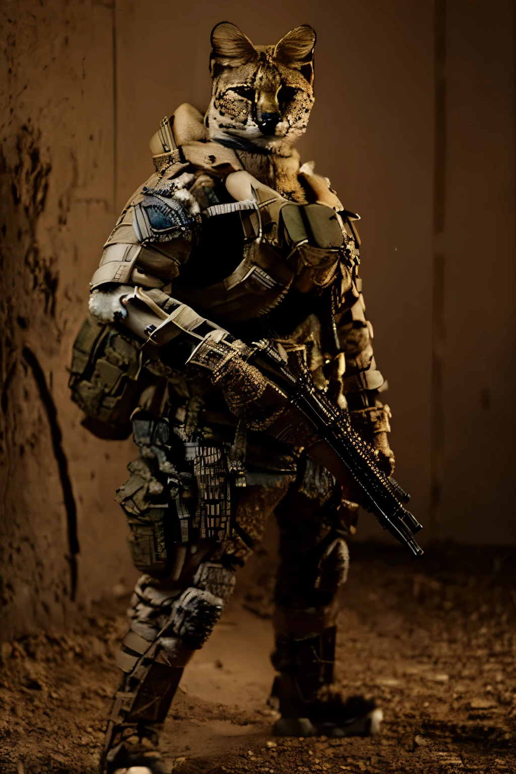 a serval anthro soldier standing guard with anthro ren playing in the background, photo realistic, epic, science fiction, anthropomorphic serval soldier, masterpieces, best
