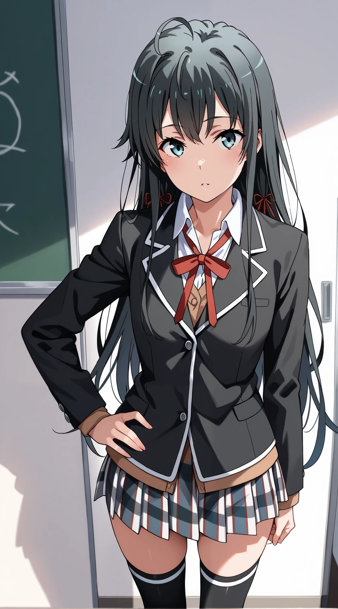 masterpiece, best quality, highres, yukinoshita yukino, long hair, ahoge, hair ribbon, sobu school uniform, neck ribbon, collared shirt, blazer, black jacket, long sleeves, plaid skirt, black thighhighs, , hand on hip, standing